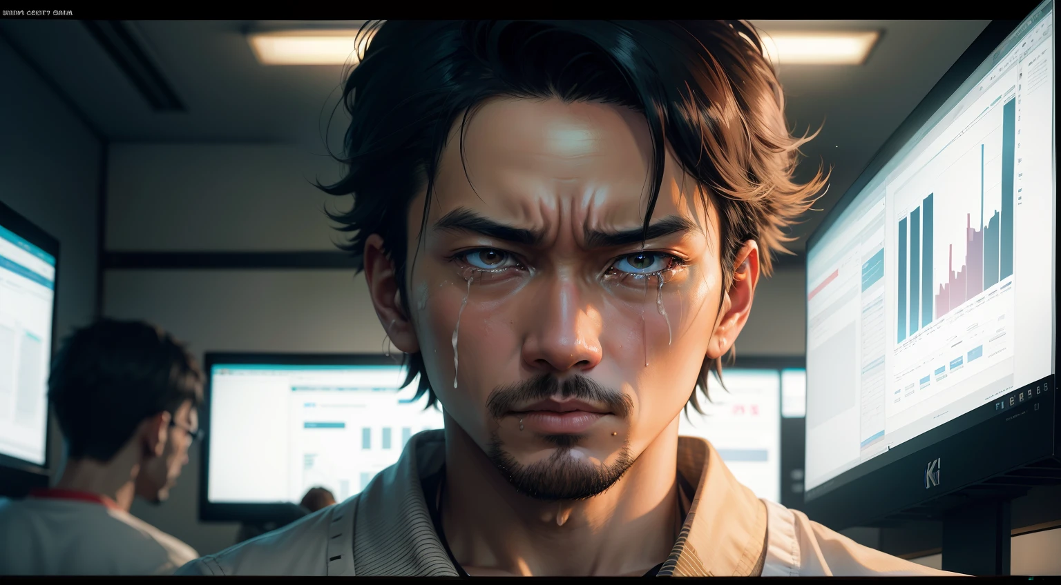 (Digital Painting)、(top-quality)、Man crying in front of a monitor、One Man Goes Crazy、The monitor only shows exchange rate charts、There is a monitor and a man in the room、People with Japan々break down crying、One brown-skinned beauty、FX、exchange、Ukiyo-e Art Style、Hokusai's inspiration、Popular deviant art、8K Ultra Real、Pastel Color Schemes、Soft lighting、hopelessness