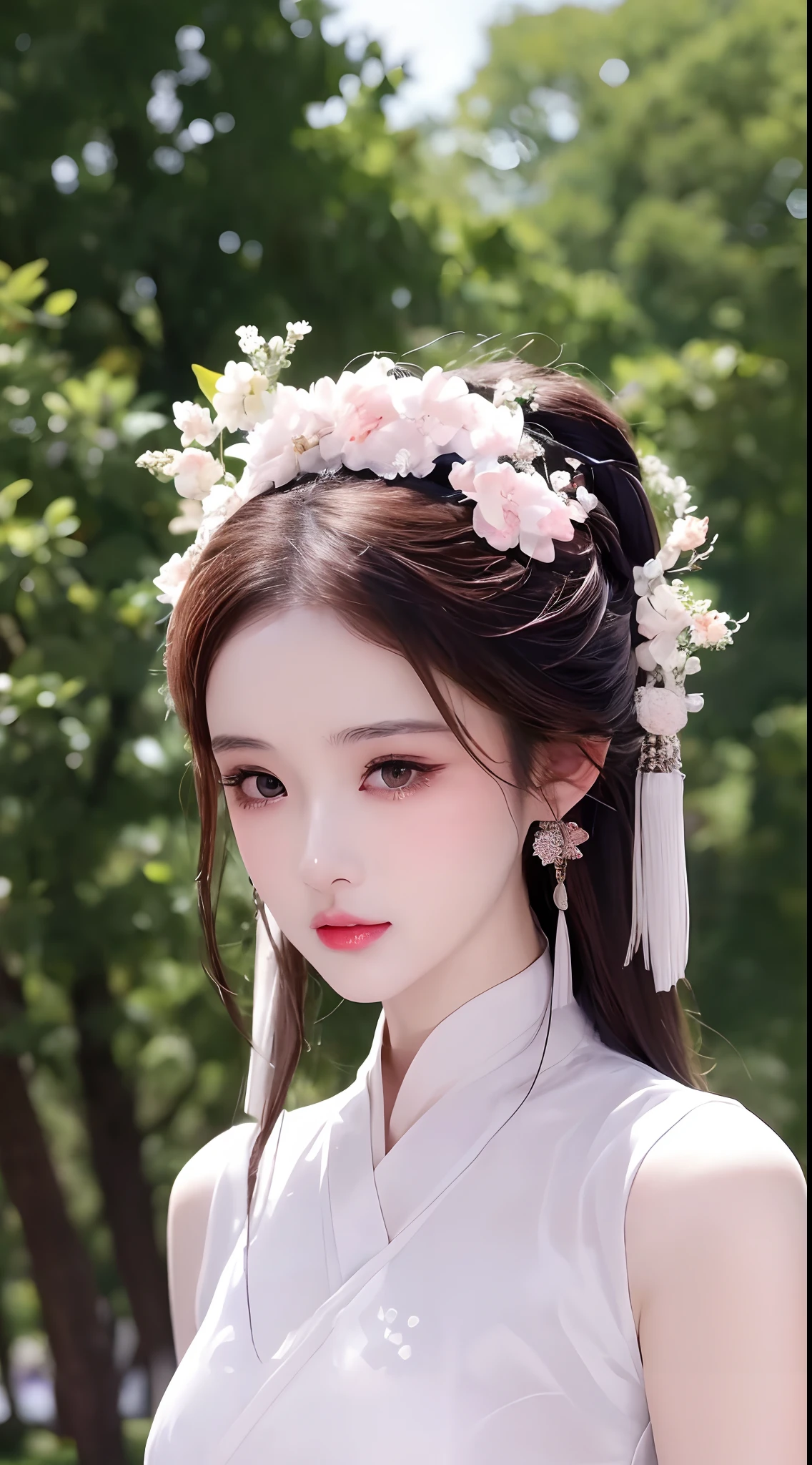 1 realistically beautiful girl, waist length hair, black eyes, ancient Ao Dai, style hanfu, wearing a thin silk shirt of ancient China, pink and smooth white skin, wearing a discreet ancient style ao dai, appears shoulders and head in the photo, Very cute little face, eye bags under wet and detailed makeup, plump red lips, charming small and curved lips, ((closed mouth:1.0)), balanced incisors, embarrassed, small face makeup detailed and very beautifull, The breasts are super round and tight, breast augmentation, blum boobs, Cover the girl's chest with a camisole inside, blush, from front, wear earrings, necklaces, from above, looking at viewer, upturned eyes, full body, masterpiece, top quality, best quality, official art, unity 8k wallpaper, highres, ultra high res, ultra detailed, (photorealistic:1.2), alone, solo, only 1 girl, style hanfu Dunhuang, 10x pixels, super realistic, ultra high quality, portrait body view of the girl, upper body,