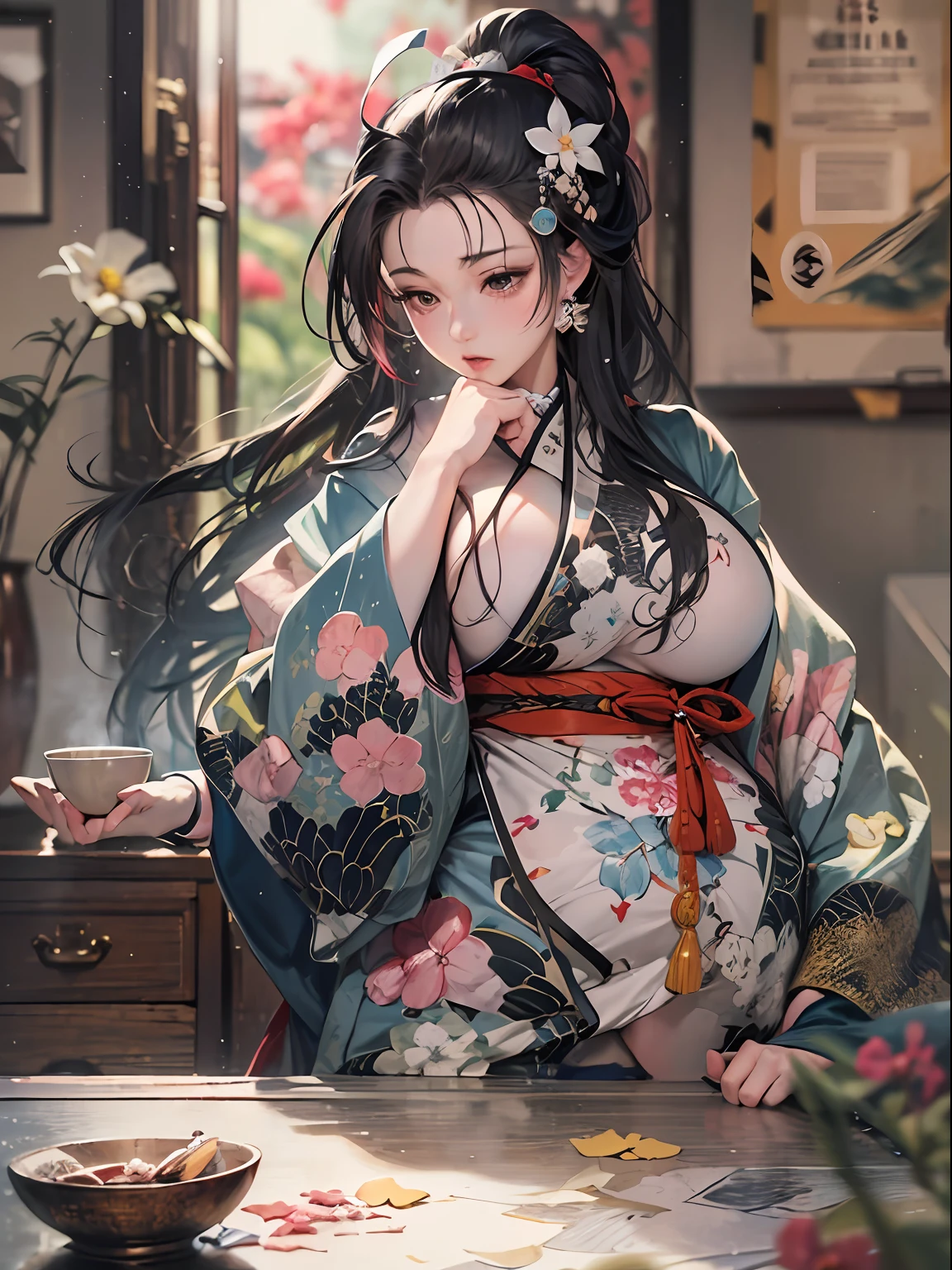 (8K、top-quality、​masterpiece)、Romance of the Taisho era、japanese kimono、Beautiful adult woman、Graceful、Writer's research,((hyper gigantic breasts:1.5)),Pensive、boredom、Sentimental、suffocating、Enlightened look、Blurred world、illusion、long-haired with black hair、Ahoge、braid ponytail、