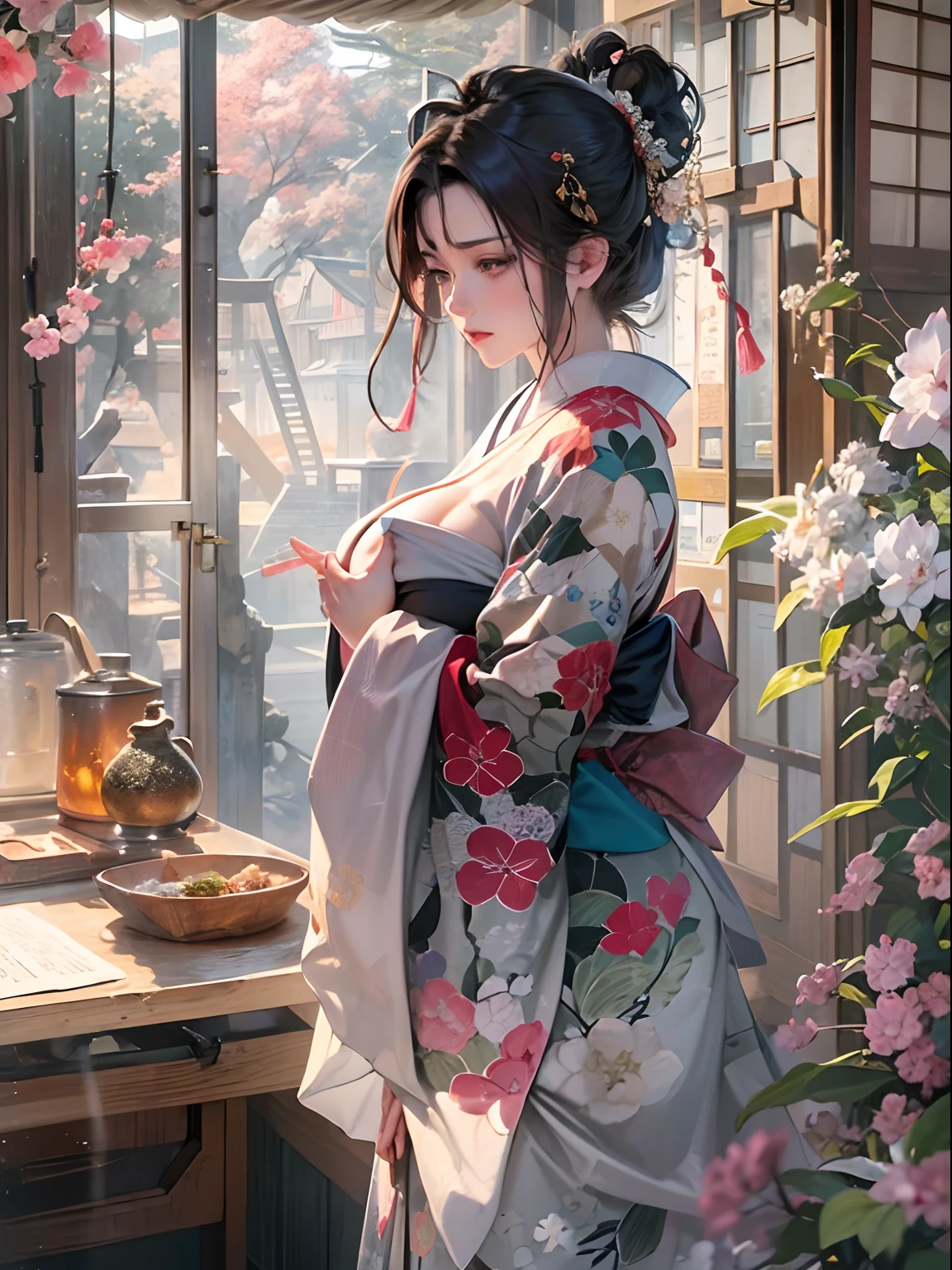 (8K、top-quality、masterpiece)、Romance of the Taisho era、japanese kimono、Beautiful adult woman、Graceful、Writer's research,((hyper gigantic breasts:1.5)),Pensive、boredom、Sentimental、suffocating、Enlightened look、Blurred world、illusion、long-haired with black hair、Ahoge、braid ponytail、
