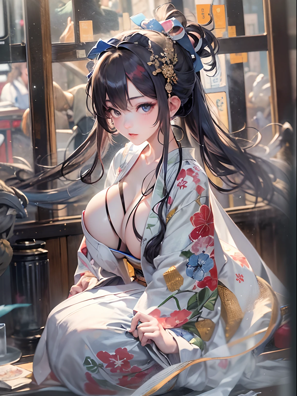(8K、top-quality、masterpiece)、Romance of the Taisho era、japanese kimono、Beautiful adult woman、Graceful、Writer's research,((hyper gigantic breasts:1.5)),Pensive、boredom、Sentimental、suffocating、Enlightened look、Blurred world、illusion、long-haired with black hair、Ahoge、braid ponytail、