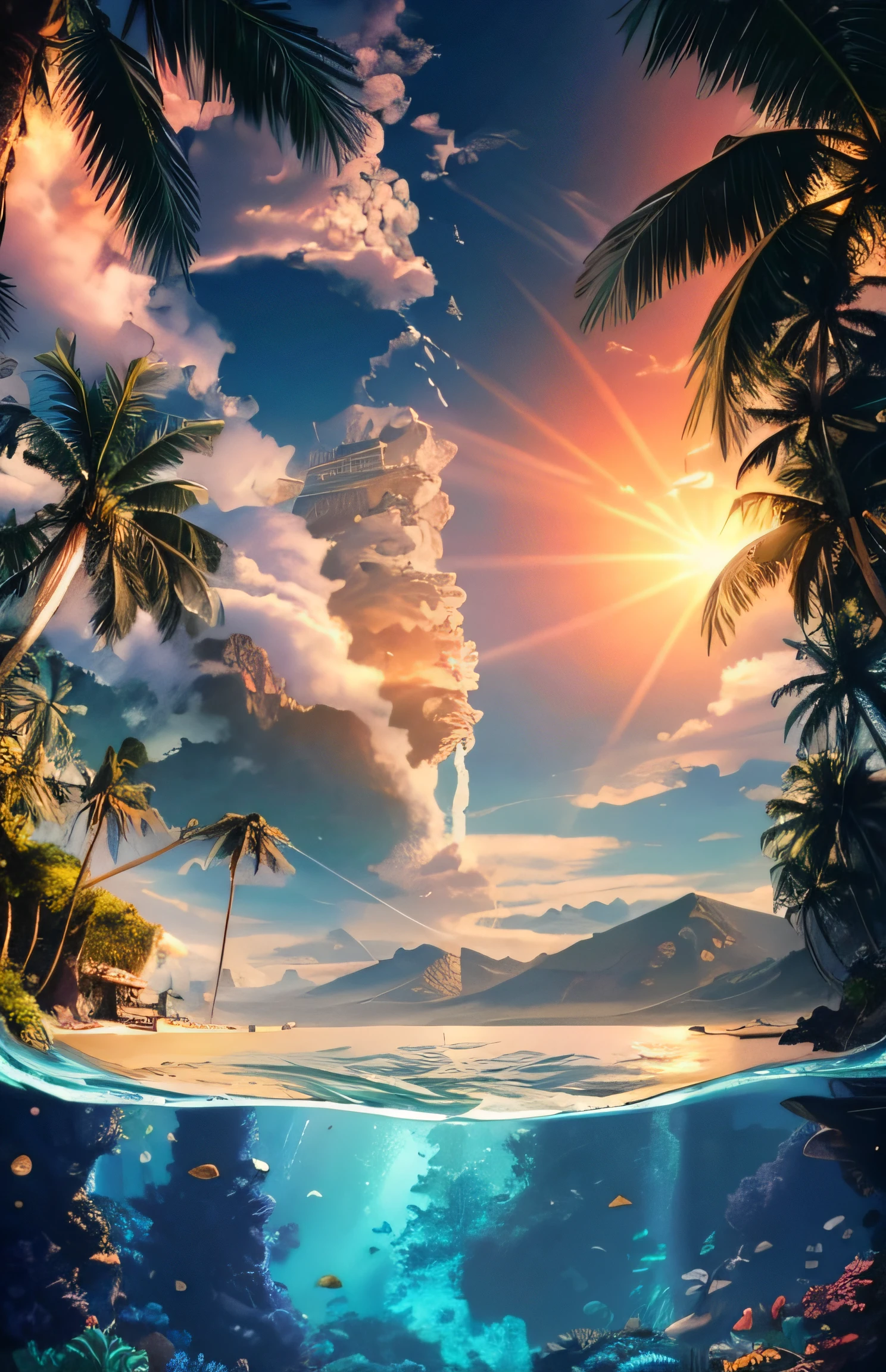 View of mountains from ocean with coral reefs and palm trees, airplane close-up amazing wallpapers, beautiful art UHD 4k, magnificent background, surrealism 8k, wallpapers 4k, wallpapers 4k, 4k hd illustration wallpaper, 4k vertical wallpaper, 4k vertical wallpaper, 4k vertical wallpaper, 4k vertical wallpaper, 4k wallpaper, 4k wallpaper, 4k wallpaper, 4k highly detailed digital art