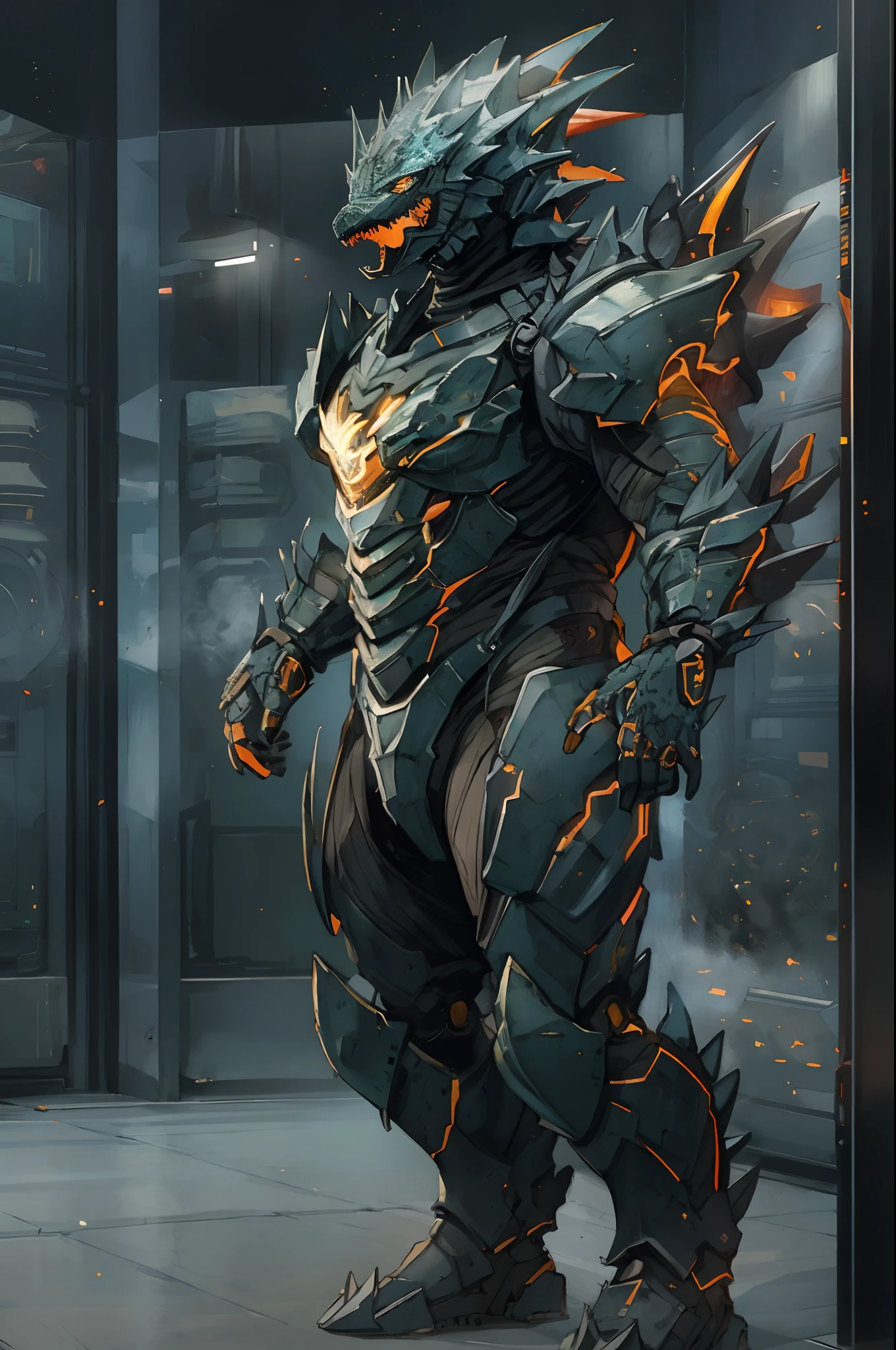 A high-tech combat armor suit inspired by Godzilla concept, Godzilla concept biotech battle armor, (Natural light, professional lighting:1.2, cinematic lighting:1.5, best shadow), (masterpiece:1.5), high definition, best quality, ultra-detailed, extremely delicate, anatomically correct, creativity, RAW photo, unreal engine 5, High-tech armored suits, psychedelic details, BiophyllTech, (add electric power around), fantasy, ultra intricately detailed, Ultra-complex design, A bio-sensitive high-tech battle armor suit infused with Godzilla characteristics, The angular design on the body is illuminated and the display is charging, (energy waves, Energy particles), octane render, perfect images quality, realistic, sure real, full hd, 32k, ((character concept art)), full body character drawing