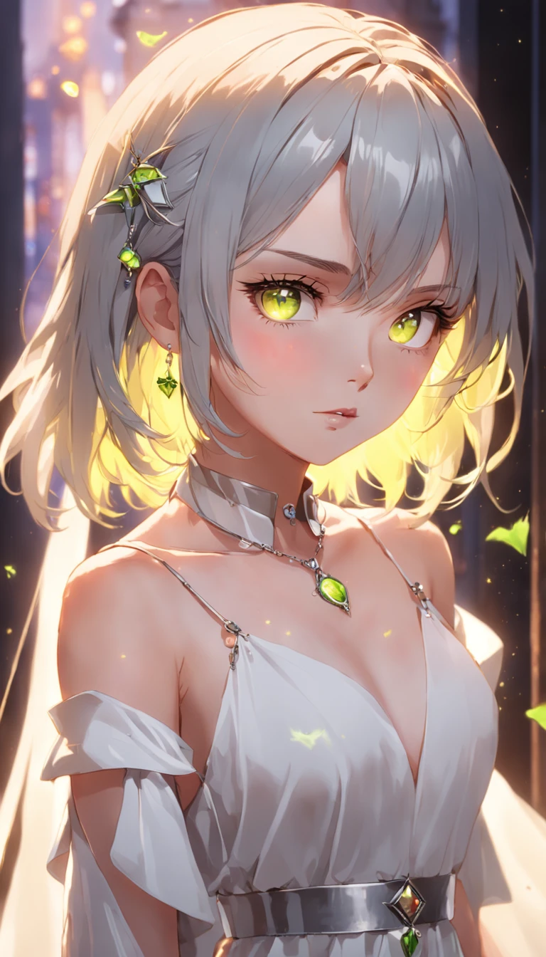 Lime yellow, Platinum Earrings, Platinum Necklace, White Dress, 1girl in, Cute, (Dynamic lighting:1.2), Cinematic lighting, Delicate facial features, Detailed eyes, Sharp pupils, Realistic pupils, depth of fields, Bokeh, Sharp Focus, (ultra-detailliert, bloom, Glow:1.4), Many Small Gems