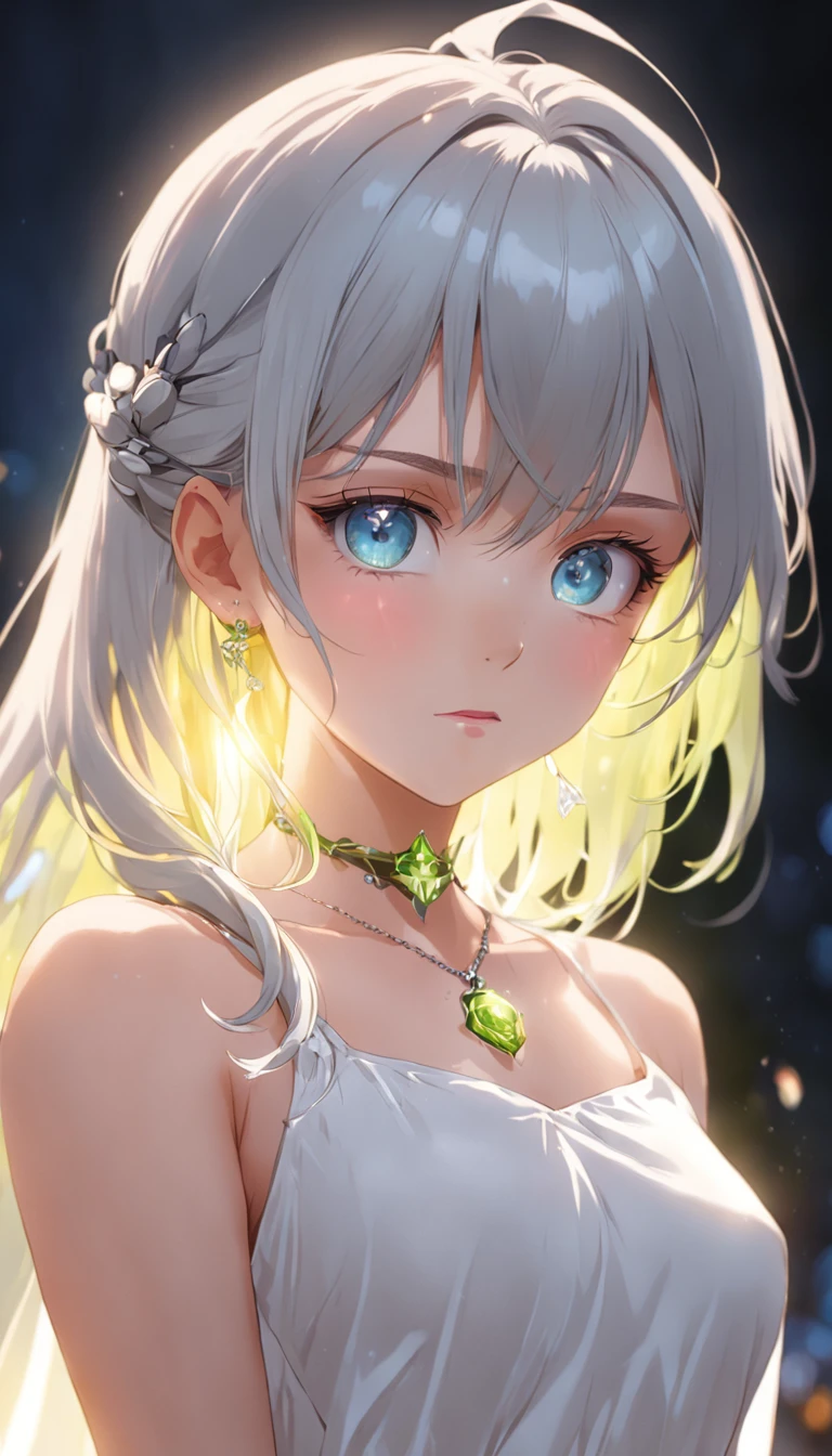 Lime yellow, Platinum Earrings, Platinum Necklace, White Dress, 1girl in, Cute, (Dynamic lighting:1.2), Cinematic lighting, Delicate facial features, Detailed eyes, Sharp pupils, Realistic pupils, depth of fields, Bokeh, Sharp Focus, (ultra-detailliert, bloom, Glow:1.4), Many Small Gems