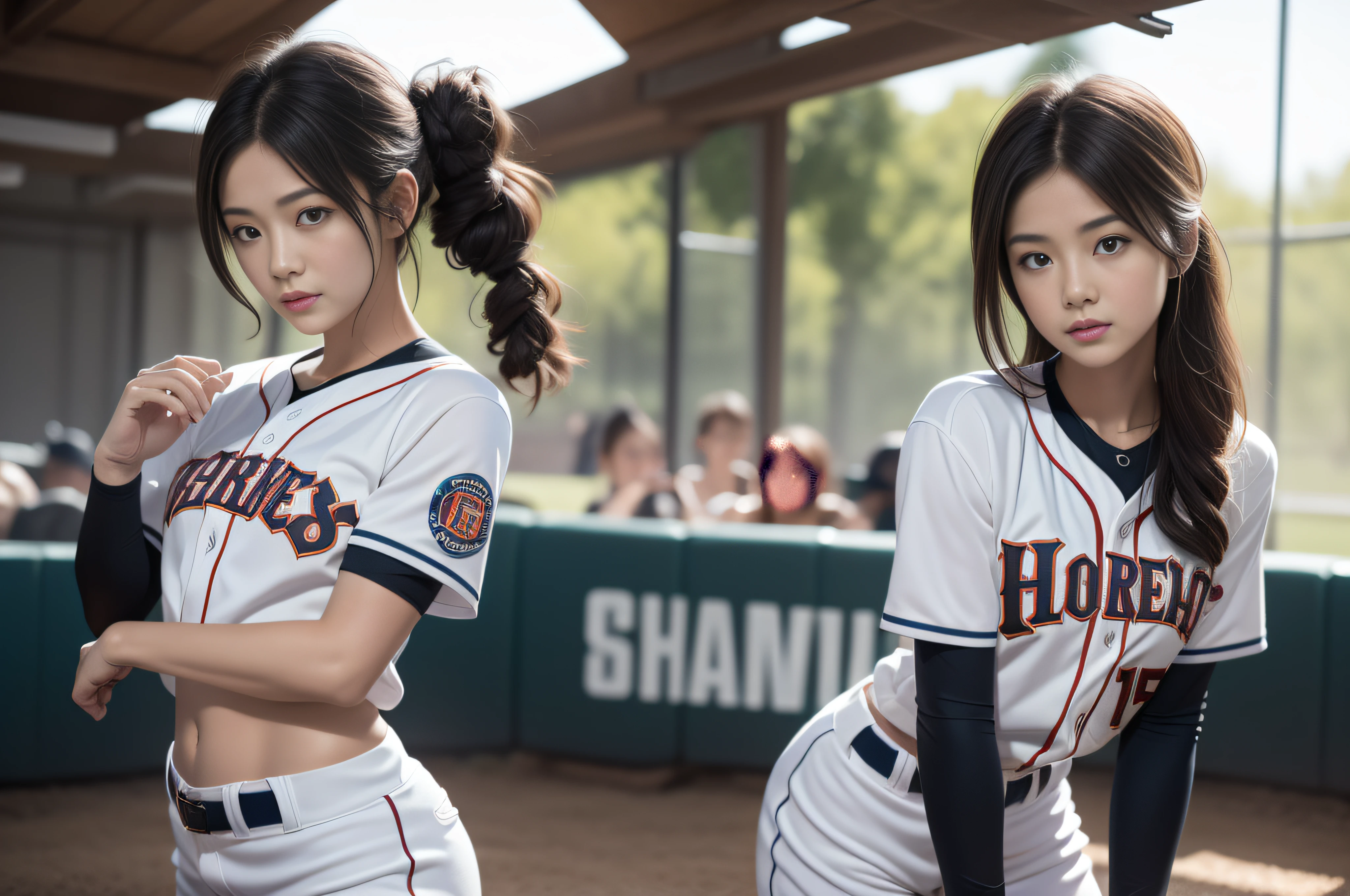 (RAW photo, 4k, masterpiece, high resolution, extremely complex) (realistic: 1.4), cinematic lighting
((2 girls)),Slam Dunk's,blushing,((innocent)),(Dark makeup),bright eyes,round eyes,blunt bangs,(straight hair:1.3),black hair,large breasts,wide hips,Summer Noon, 20 year old girl、cute type、lolita,Hot, (Best Quality), (Highres), (an Extremely Delicate and Beautiful),(Beautiful 8k face),(Brown eyes),short bob hair,( spectators),(gigantic breasts),(Play with each other,Touching each other's bodies,Touching the body),((Baseball Uniforms), a miniskirt, Toned buttocks),(reality),bright lighting,(The background is a luxury hotel room)