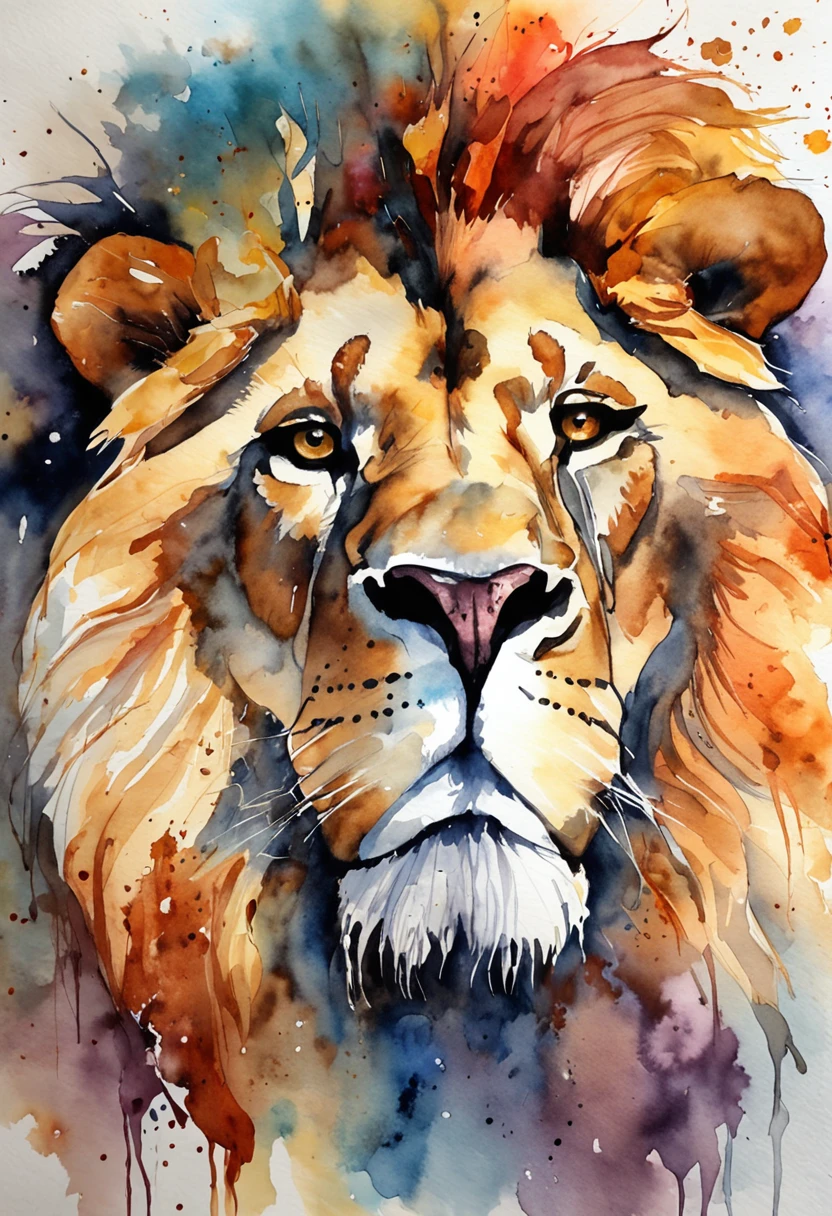 Imposing lion, rei da selva, aquarela, fios dourados, cores escuras