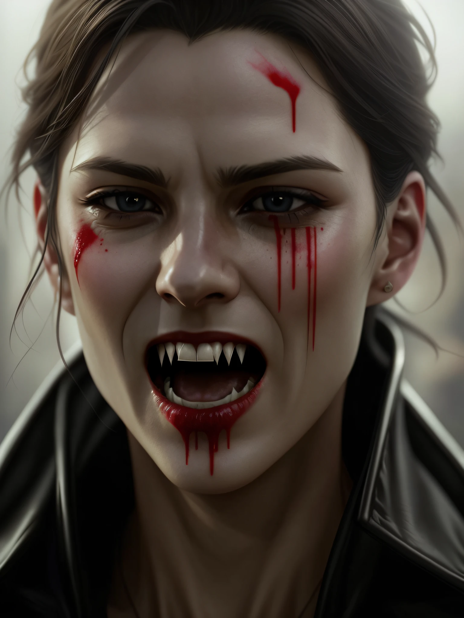 1 Vampires,(Fang:1.5),(Sharp fangs: 1.5),face with blood stains,With your mouth open,Cold,VHS effect,(poster for:1.6),poster on wall,Nostalgia,filmposter,Western film(skin textures),intricately details,finely detailled,Hyper-detailing,Ray traching,sub surface scattering,diffused soft lighting,shallowdepthoffield,author:(Oliver Waite) CGSociety trends,复杂,high detal,Sharp focus,dramatics,The art of realist painting by Greg Rutkowski
