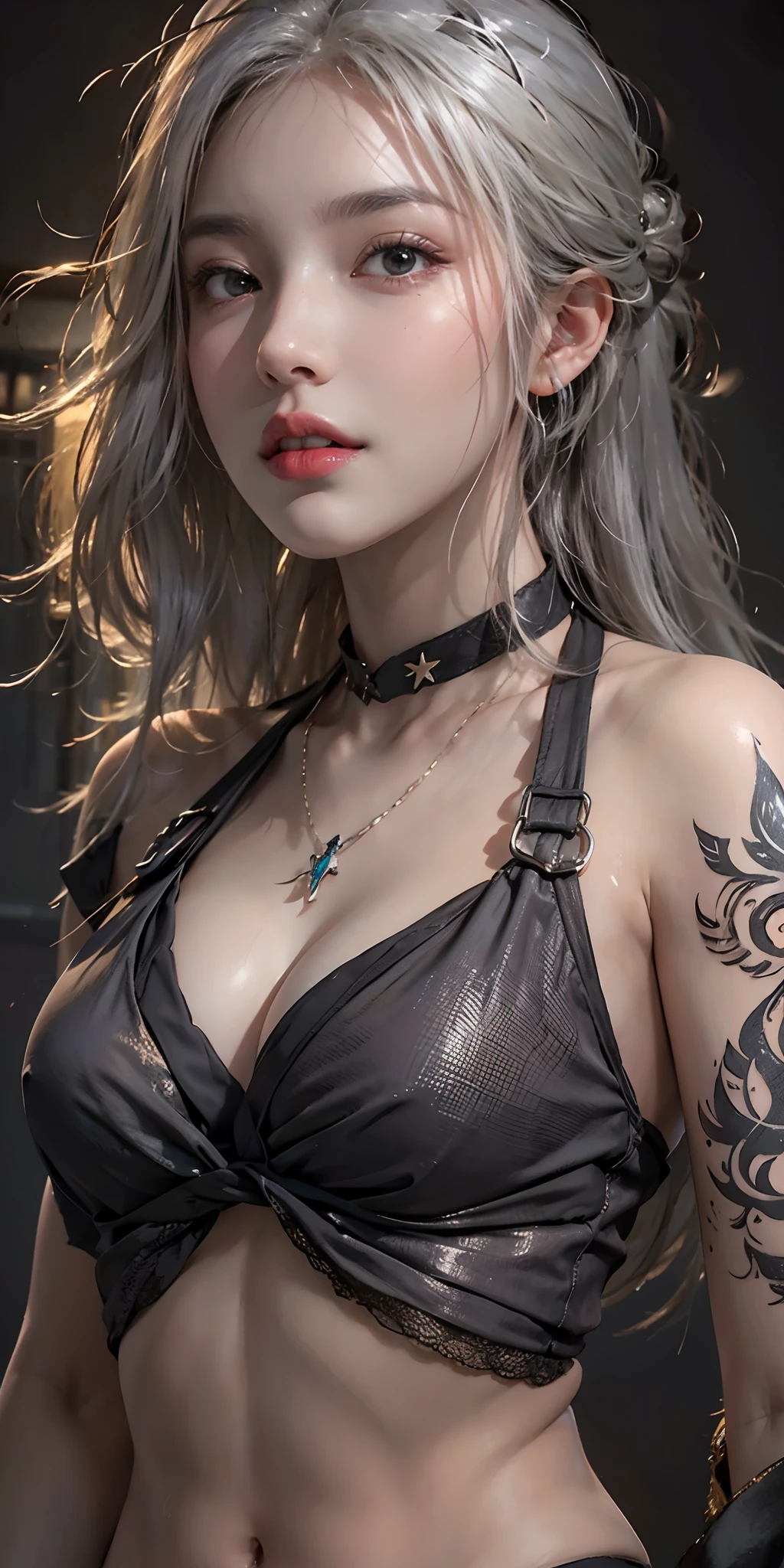 photorealistic, high resolution, soft light,1women, solo, hips up, shining skin, (detailed face),tattoo, jewelry, sl1ngsh07, slingshot bikini, night, white wavy hair, Beautiful Soldier, Eyes That Invite Viewer, Lover's Perspective, Inviting Expression, Sexy Smile, Perfect Style, Perfect Balance, Detailed Skin, Naughty Gaze, Chest Visible