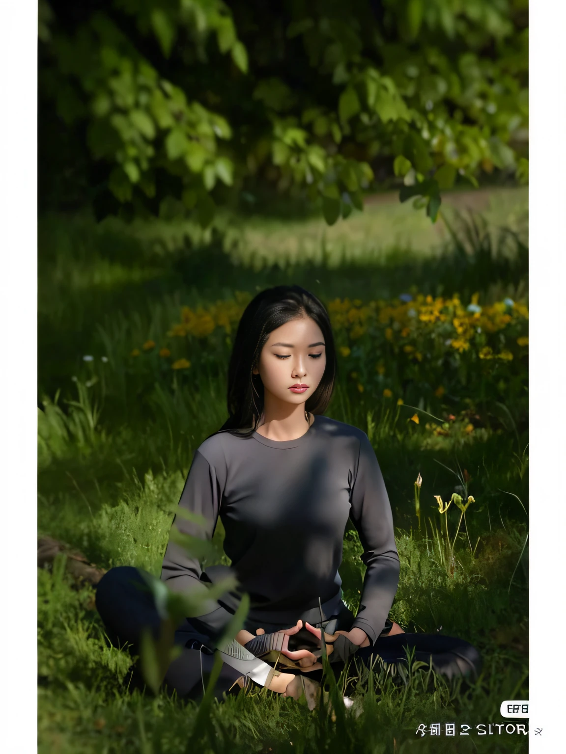 Araved woman sitting on the grass，hands in a pocket, in meditation posture, Meditation, evening light, morningglow, Meditative, in meditation posture, Meditating, enviromental portrait, Zhang Wanting, yin zhen chu, Zen meditation, radiant morning light, in the middle of nature, mai anh tran, relaxed poses, Lotus pose, Kim Tae-joon, peaceful expression