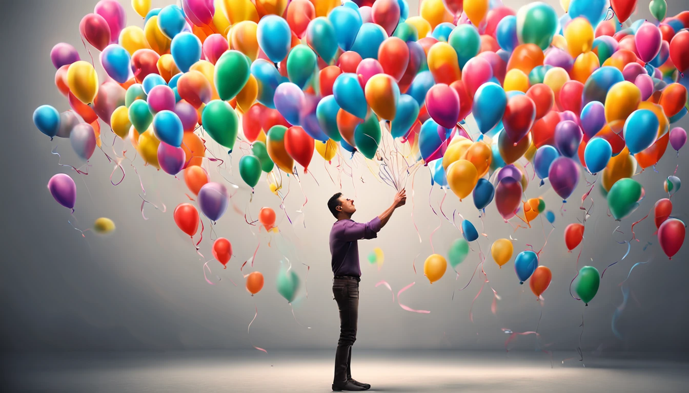 epic realistic, high-quality artwork of An image of a person holding colorful balloons that represent worries and problems, while letting empty balloons fly that symbolize what they cannot control.