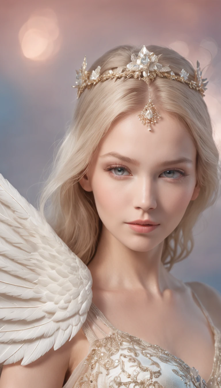 Gorgeous angel a celestial being of pure beauty and divine grace is a symbol of purity spirituality, and ethereal enchantment. face is delicate and radiant with soft and symmetrical features that embody a sense of celestial perfection. Their eyes often a brilliant shade of blue or emerald shimmer with kindness and wisdom. Their gaze is serene and comforting as if reflecting the depths of eternity. Their hair flows in lustrous waves cascading around them like golden threads or shimmering silver strands. skin has a luminous and flawless complexion reflecting a divine radiance. lips are soft and gentle often wearing a gentle smile that exudes compassion and peace. Wings are a defining feature of Her portrayal symbolizing their ability to transcend earthly boundaries. Their wings often large and majestic are covered in feathers that glisten with an iridescent shimmer. They may be pure white, or adorned with hues of gold silver or pastel colors representing their celestial nature. attire is flowing robes draping around their form with an air of grace and elegance.