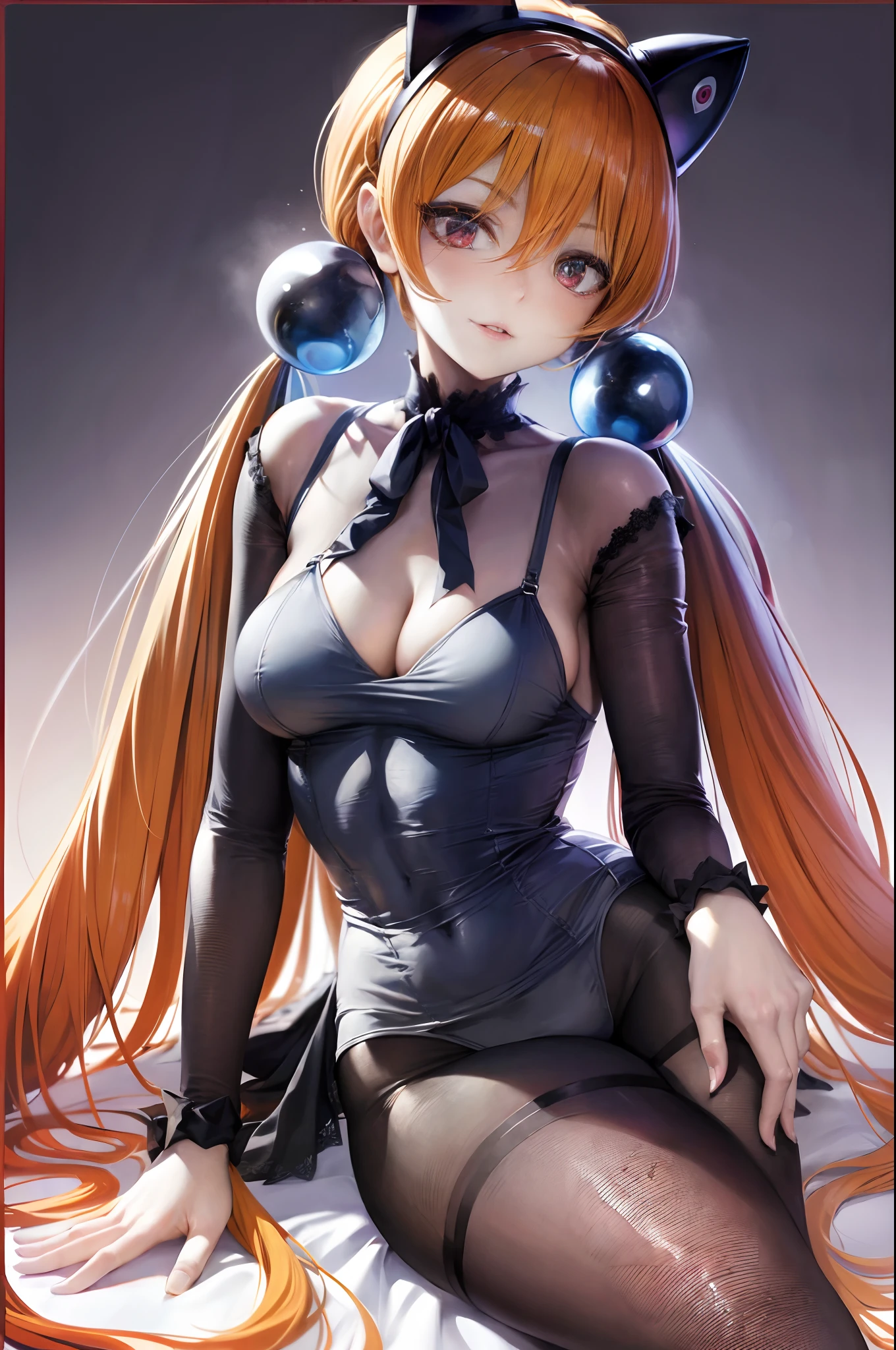 photorealistic, (hyperrealistic:1.2), beautiful, masterpiece, best quality, extremely detailed face, perfect lighting, full body, large breasts, wide hips, thick thighs, detailed eye makeup, detail face, nice detailed eyes, slanted eyes, heavy eye makeup, 1girl, long hair, (low) twin-tails, (beautiful clear Blue ball hair fastening), cute cheeky smile face, simple background, grey background, glossy orange hair, juicy thick thighs, full body, shiny skin, smooth skin, skinny body, (young:1.3), (flat chest:1), perfect anatomy, absurdly long hair, bangs, eyes visible through hair, twintails, brown hair, shiny hair, snowflakesdetailed cute anime face, no facial features, clear eyes, closed_mouth, flat chestbest quality, purple eyes, white skin, headband, extremely detailed CG unity 8k wallpaper, ultra detailed, extremely kawaii, LOOK AT THE VIEWER, sexy body suit , fantasy, micro bikini