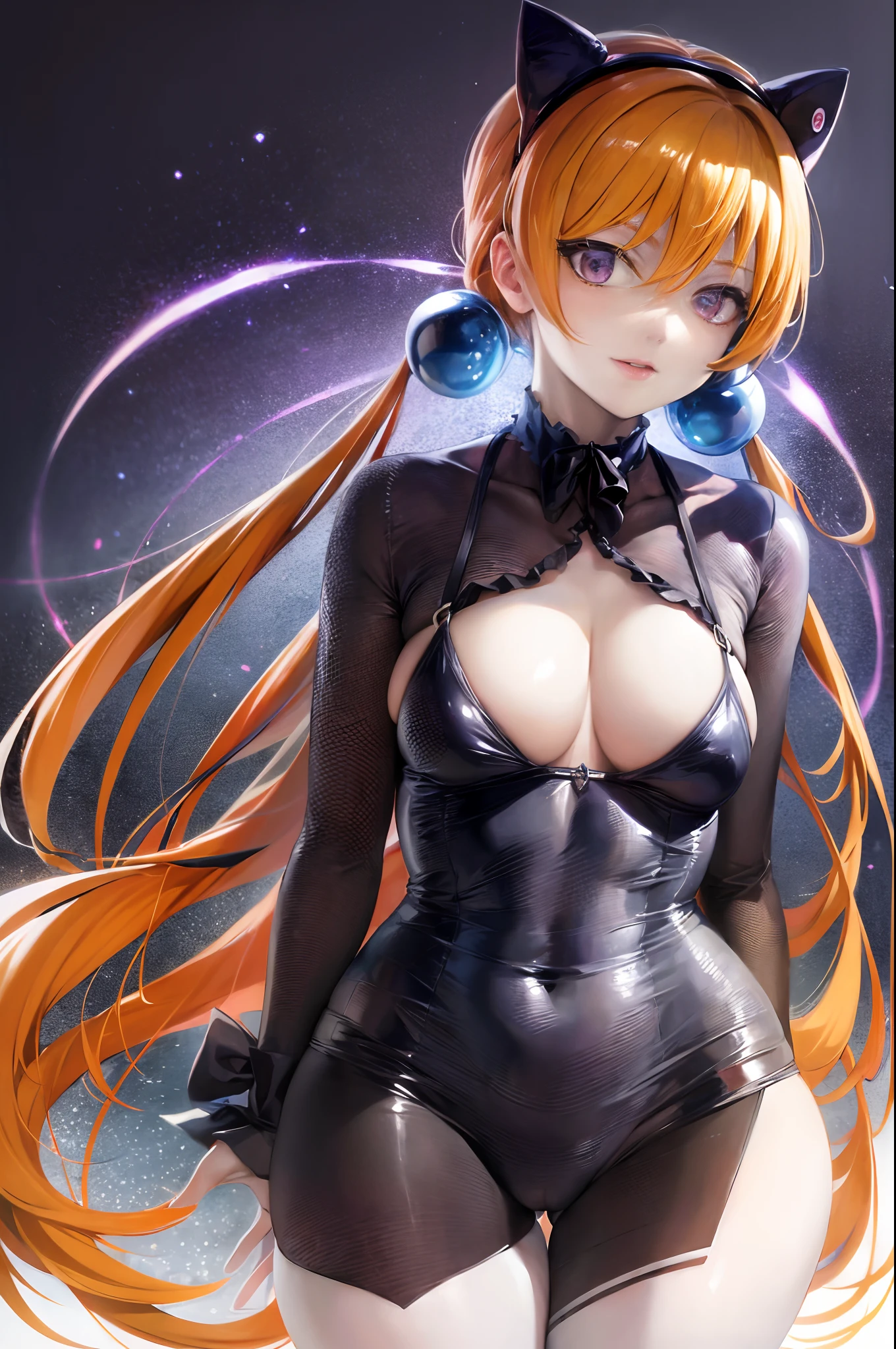 photorealistic, (hyperrealistic:1.2), beautiful, masterpiece, best quality, extremely detailed face, perfect lighting, full body, large breasts, wide hips, thick thighs, detailed eye makeup, detail face, nice detailed eyes, slanted eyes, heavy eye makeup, 1girl, long hair, (low) twin-tails, (beautiful clear Blue ball hair fastening), cute cheeky smile face, simple background, grey background, glossy orange hair, juicy thick thighs, full body, shiny skin, smooth skin, skinny body, (young:1.3), (flat chest:1), perfect anatomy, absurdly long hair, bangs, eyes visible through hair, twintails, brown hair, shiny hair, snowflakesdetailed cute anime face, no facial features, clear eyes, closed_mouth, flat chestbest quality, purple eyes, white skin, headband, extremely detailed CG unity 8k wallpaper, ultra detailed, extremely kawaii, LOOK AT THE VIEWER, sexy body suit , fantasy, micro bikini