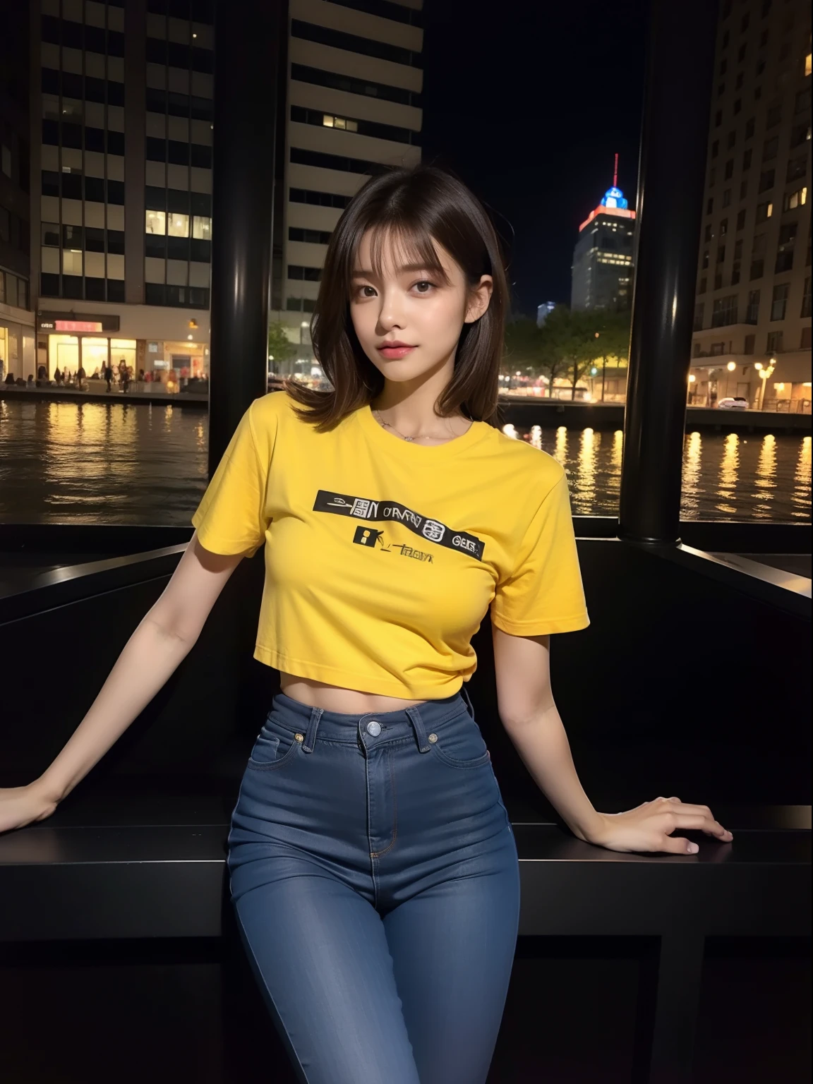 ((mid night, Acura, 8K, tmasterpiece: 1.3)), full body Esbian, long legged, Focalors: 1.2, Perfect figure beautiful woman: 1.4, Slim abs: 1.1, (dark brown hair,: 1.2 )), (Goose Yellow Skinny T-Shirt, falda corta,Sitting on Stool: 1.2), (city night scene, teto: 1.3)), Highly detailed face and skin textures, detailedeyes, 二重まぶた,