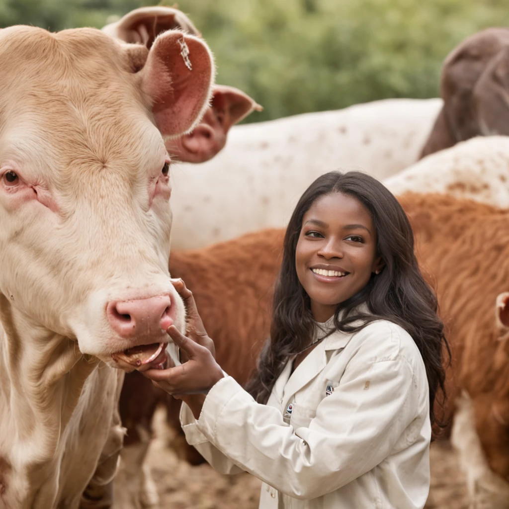 An African professional in animal nutrition formulas and pre-mix, working together with veterinarians in the field, smiling and training other people, working on farm animals, rendered in a photorealistic style, high resolution, hasselblade camera. The color pallets being used on their brand company are as indicated: #33256A6; #B88C27; #FFFFFF. The photo style are those used in advertising, billboards, flyers, brochures and product and services demos. Their uniforms must be #33256A6 with white logos