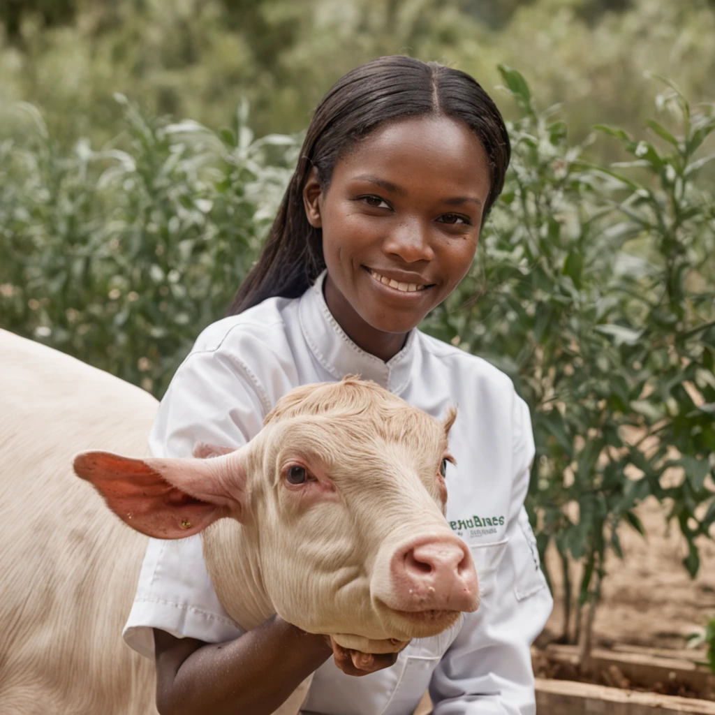 An African professional in animal nutrition formulas and pre-mix, working together with veterinarians in the field, smiling and training other people, working on farm animals, rendered in a photorealistic style, high resolution, hasselblade camera. The color pallets being used on their brand company are as indicated: #33256A6; #B88C27; #FFFFFF. The photo style are those used in advertising, billboards, flyers, brochures and product and services demos. Their uniforms must be #33256A6 with white logos