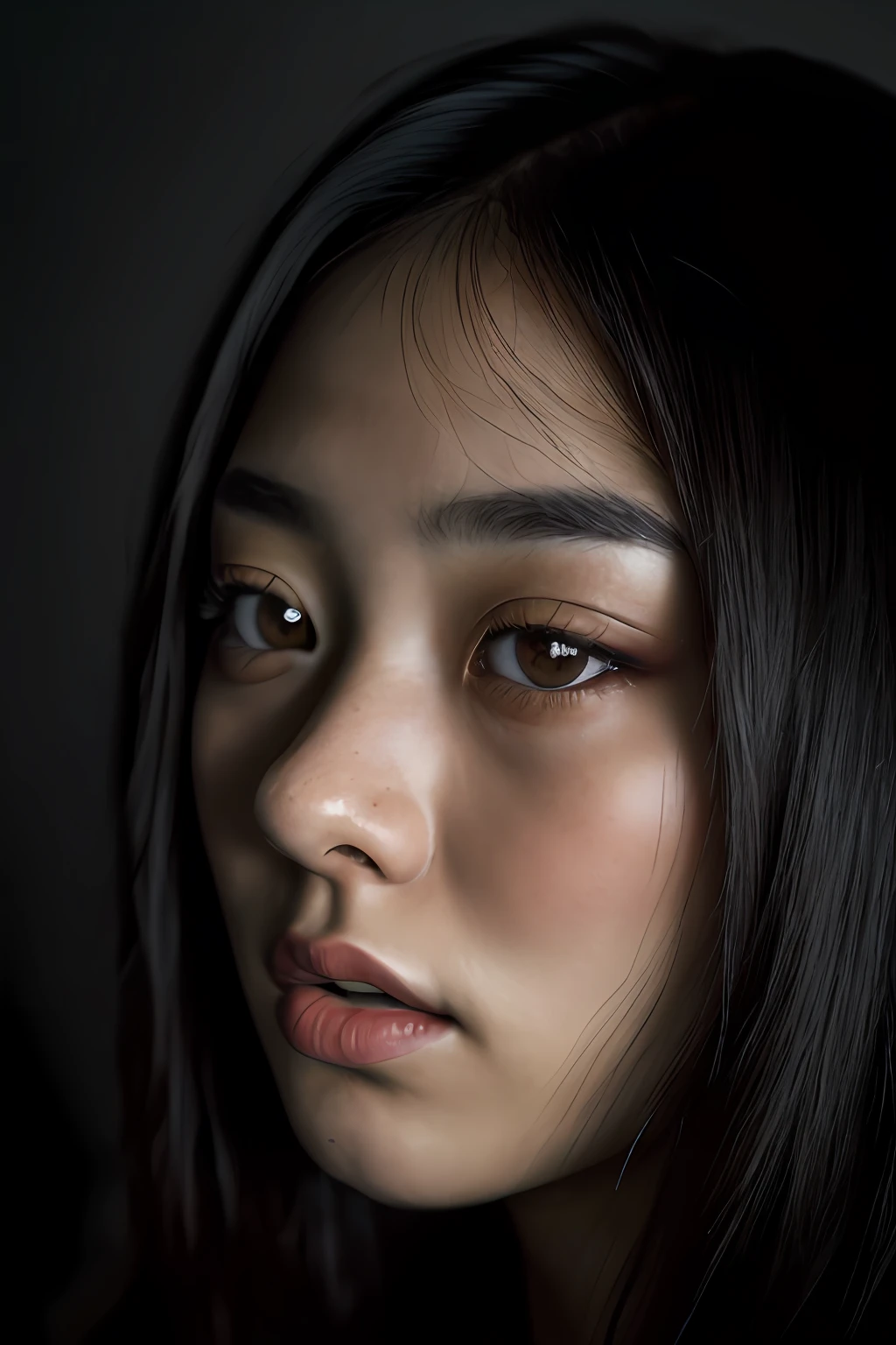 (close-up, editorial photograph of a 21 year old Japanese woman), (highly detailed face:1.4) (smile:0.7) (background inside dark, moody, private study:1.3) POV, by lee jeffries, nikon d850, film stock photograph ,4 kodak portra 400 ,camera f1.6 lens ,rich colors ,hyper realistic ,lifelike texture, dramatic lighting , cinestill 800, professional makeup