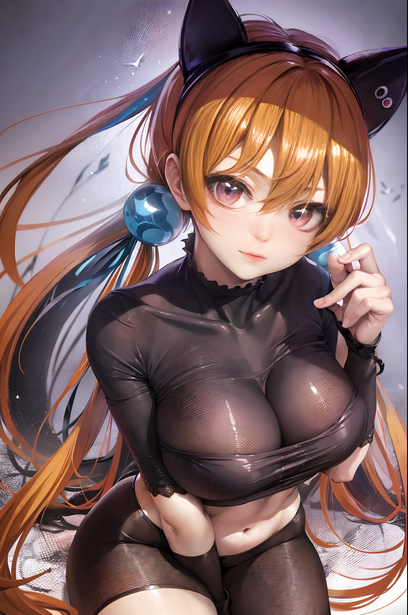 photorealistic, (hyperrealistic:1.2), beautiful, masterpiece, best quality, extremely detailed face, perfect lighting, full body, large breasts, wide hips, thick thighs, detailed eye makeup, detail face, nice detailed eyes, slanted eyes, heavy eye makeup, 1girl, long hair, (low) twin-tails, (beautiful clear Blue ball hair fastening), cute cheeky smile face, simple background, grey background, glossy orange hair, juicy thick thighs, full body, shiny skin, smooth skin, skinny body, (young:1.3), (flat chest:1), perfect anatomy, absurdly long hair, bangs, eyes visible through hair, twintails, brown hair, shiny hair, snowflakesdetailed cute anime face, no facial features, clear eyes, closed_mouth, flat chestbest quality, purple eyes, white skin, headband, extremely detailed CG unity 8k wallpaper, ultra detailed, extremely kawaii, LOOK AT THE VIEWER, nsfw, boobs out, in room, fantasy, micro bikini