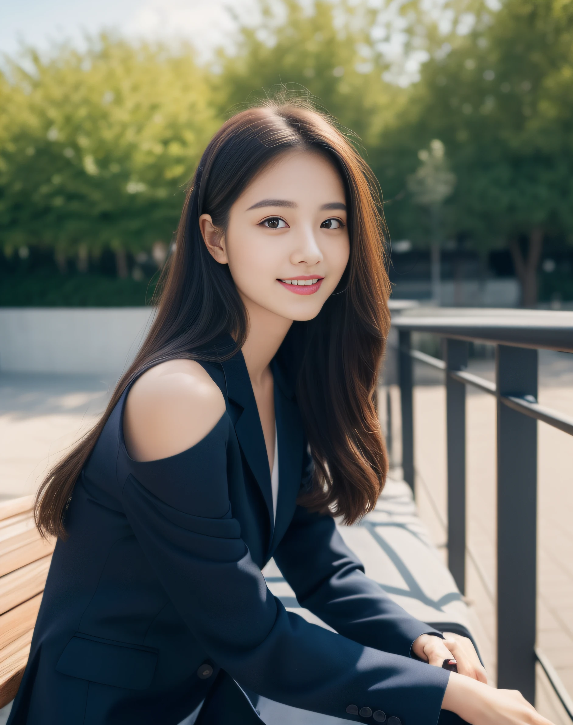 ((best quality, 8K, masterpiece: 1.3)), beautiful girl, pure, melon face, kind and cute, sweet smile, pure desire, slender body, (front), (tilted head), ((looking at camera) ), wearing a navy blue suit, black silky long hair, long flowing shoulders, round black big eyes, clear big eyes, moist red lips, sweet, sitting on a chair, terrace background , (((whole body))),
