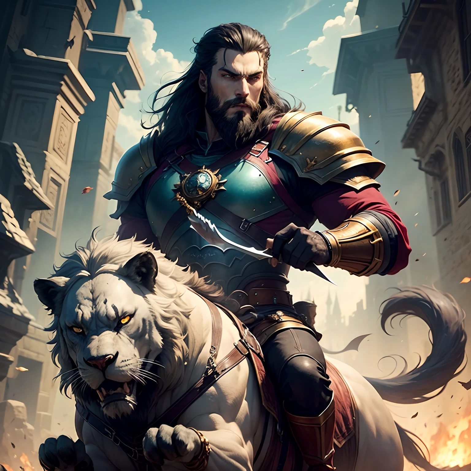 Castlevania Lord of the shadows bald beard handsome muscular full moroccan Armor riding great Legendary roaring lion