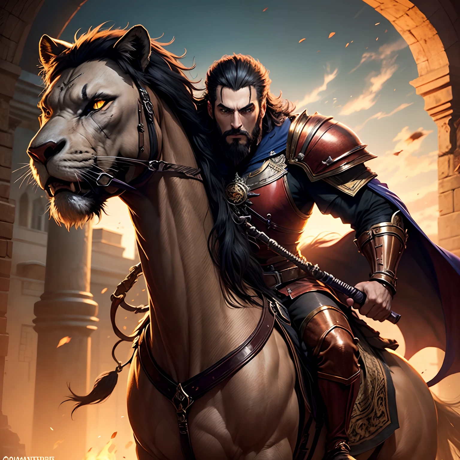 Castlevania Lord of the shadows bald beard handsome muscular full moroccan Armor riding great Legendary roaring lion