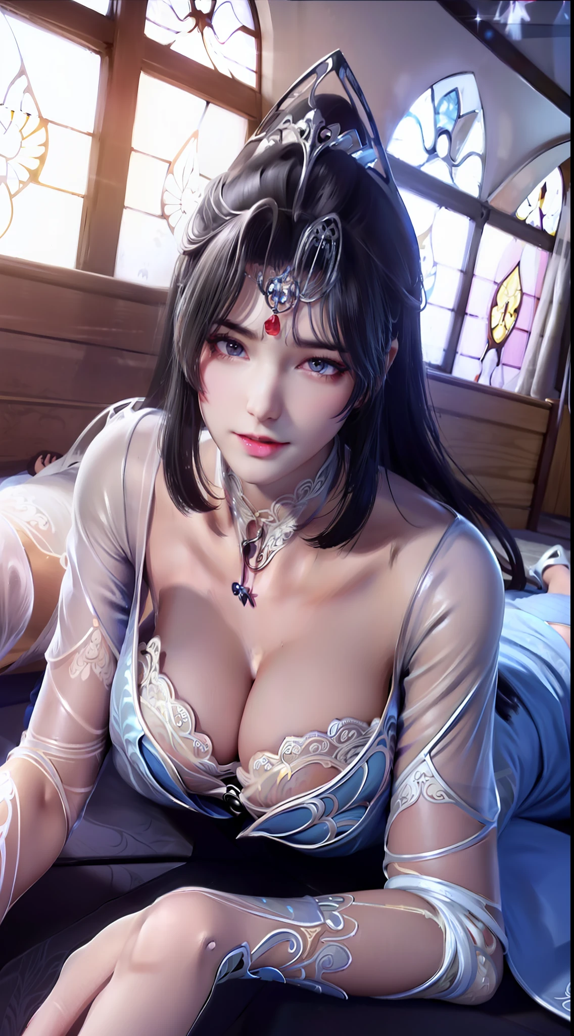 ulzang-6500-v1.1, (RAW photo:1.2), (Photorealistic:1.4), (((A girl))), Beautiful detailed girl, Very detailed eyes and face, Beautiful detailed eyes, Super detailed, high resolution, Very detailed, Best quality, Masterpiece, (((Princess)), ((princess tiara)), ((Long transparent dress)), ((See_Through)), ((G_string)), ((Intricate details)), ((See_Through_Fabric)), ((Sexy dress)), Beautiful detailed, ((cleavage)), ((chapel)), (((Seductive pose))),Above Knees，(((Lie down in bed)))