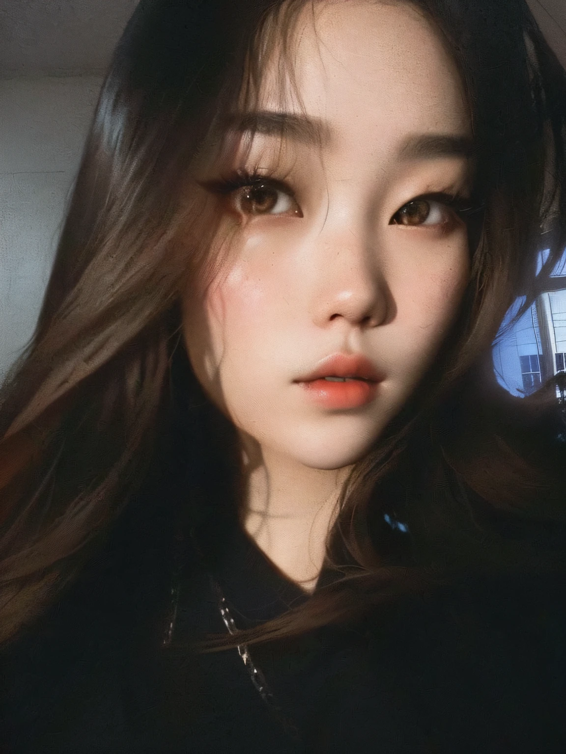 there is a woman with long hair and a black shirt, with round face, jimin\'s plump lips, pale round face, Korean girl, ulzzangs, Asian face, blackpink jennie, Thick lips, Profile image, faint red lips, round cheeks, Small round face, Korean face features, beautiful round face, bae suzy