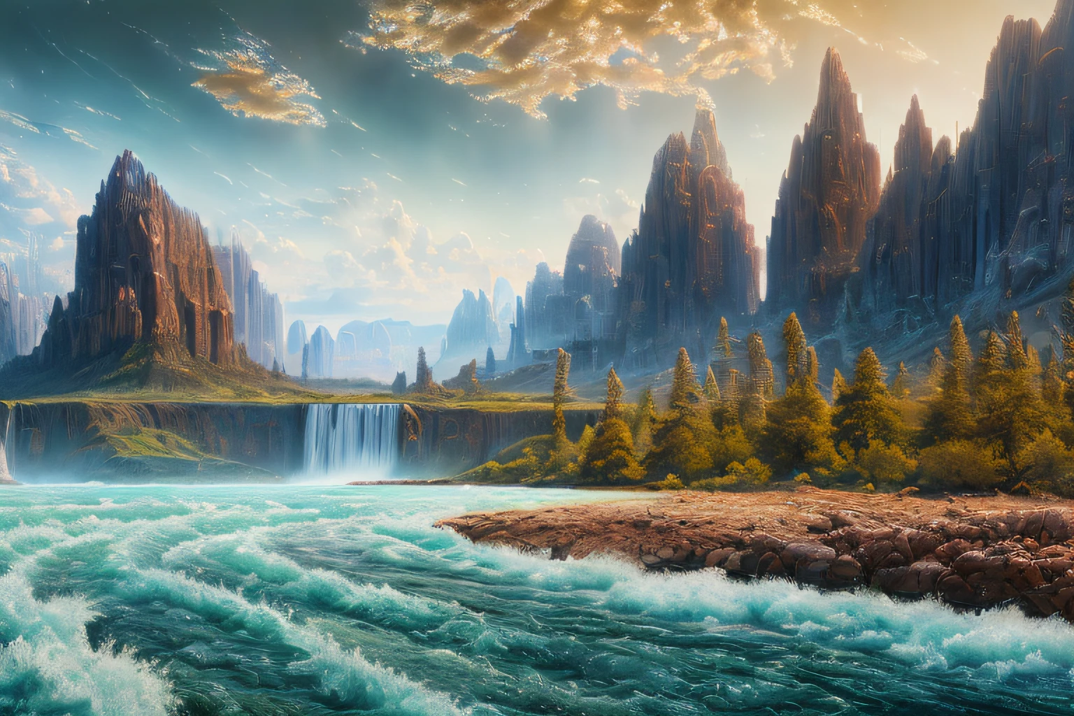 paysage futuriste, Eau, (Highly detailed CG Unit 8k wallpaper), The most beautiful work of art in the world, Professional majestic oil painting, complexe, High detail, mise au point nette, dramatique, Art of photorealist painting,