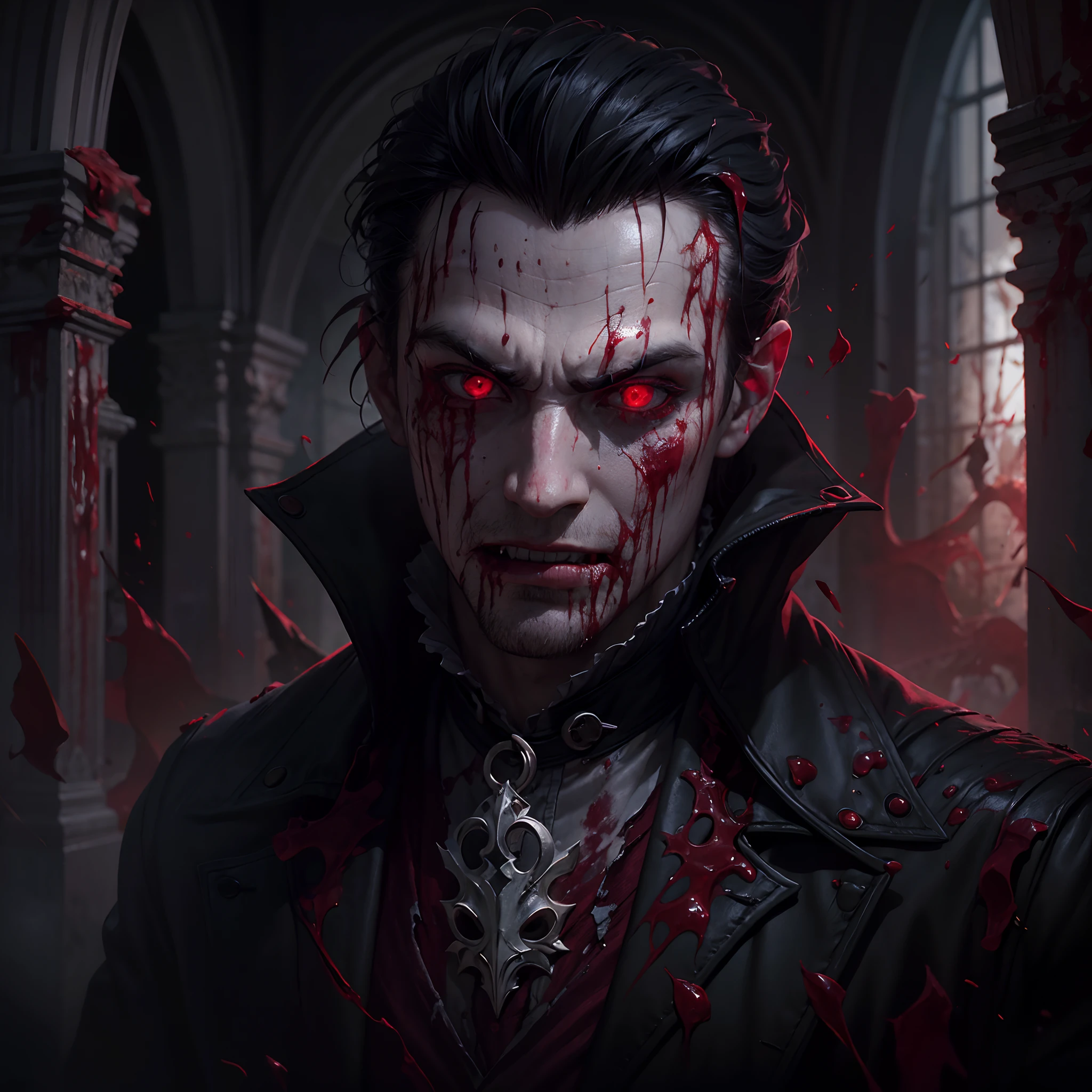 A highly detailed 4k HDR portrait of a pale, brooding male vampire with imperfect bloody skin, created with Photoshop. He has glowing red eyes, sharp fangs dripping with blood, and a sinister expression. The vampire's skin is marred with open bloody wounds, scars, gashes, and a blooded open bite on his neck. He is dressed in a gothic ruffled poet shirt and velvet coat stained with splatters of blood. The background is gothic themed with crumbling stone walls, arched Gothic windows, gargoyles, and melted candles. There are visceral bloody effects with dripping, oozing blood and deep red splatters across the portrait. The lighting is dramatic with strong contrasts. Every element of the portrait is intricately detailed and photorealistic in 4k HDR.
