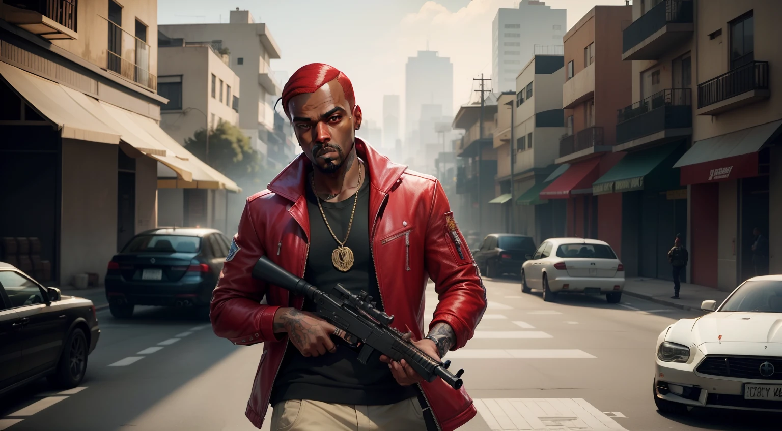 There's a man holding a gun on a wooden deck, gta personagem, Como o protagonista de GTA 5, GTA V Estilo, como um personagem de gtav, Kanye West em GTA v, drake em gta v, Estilo GTA5, gta v personagem, empunhando fuzil de assalto, Snoop Dogg em GTA V, gta 5 tom de pele, Jesse Pinkman em GTA v, red hair, jaqueta vermelha,AK-47 rifle