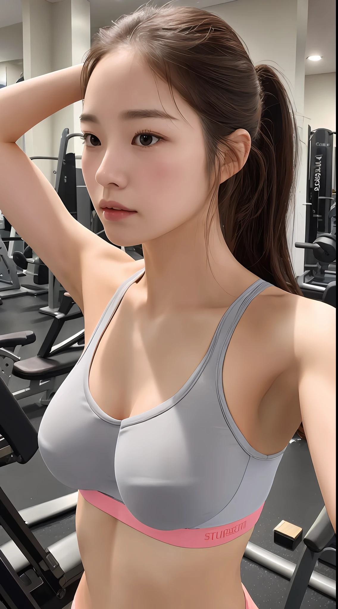 photograph realistic (1 cute Korean star) shoulder length hair, Thinning makeup, Medium Tits, sports bra, In the gym, selfie, The clear face features of Canon EOS, 8K high resolution, Sharp, realistic detail.