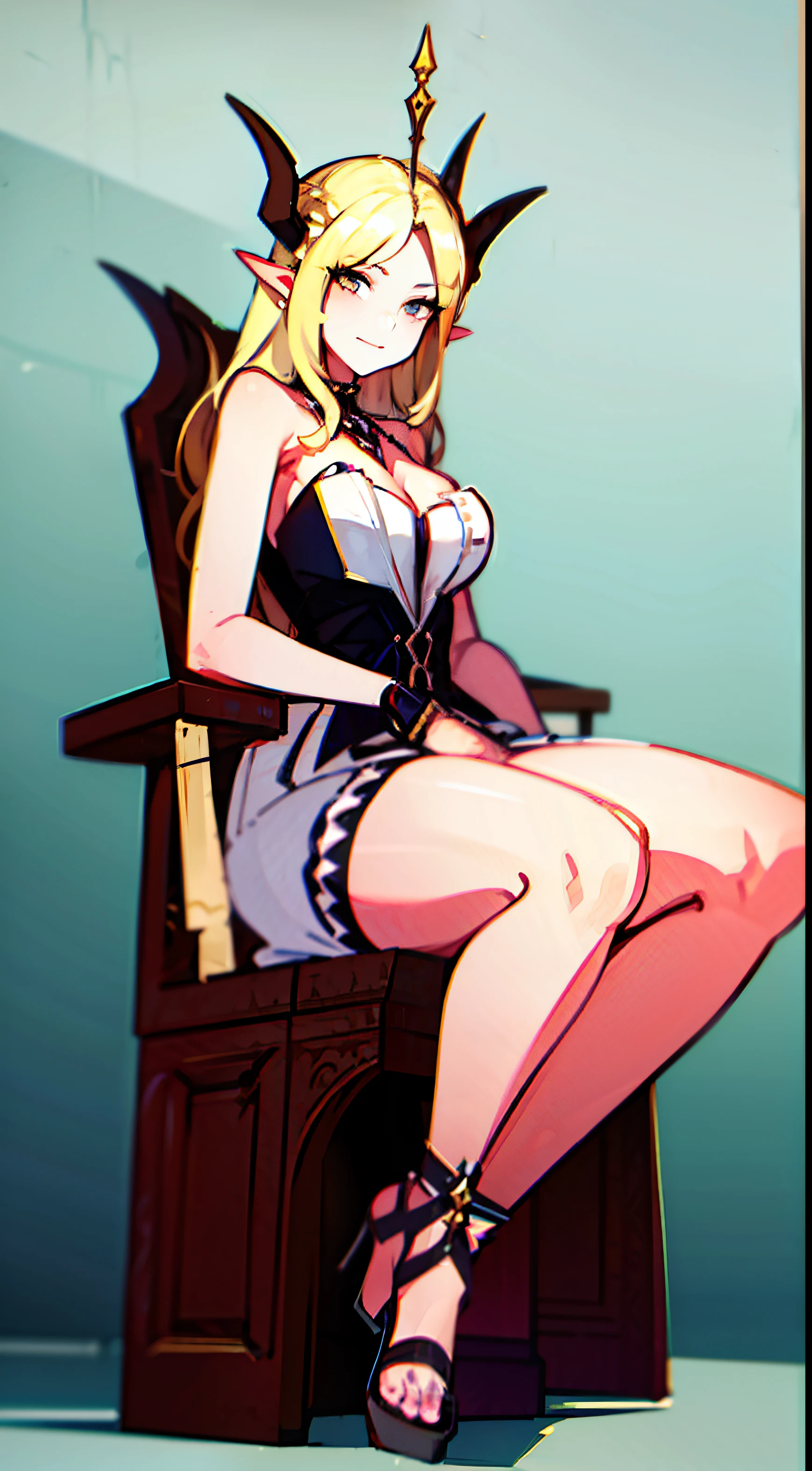 Sketch style,genie,Sketch style,Dress naturally,full scene，Blonde hair，Realistic style,Sit upright,throne,Devil's Horn