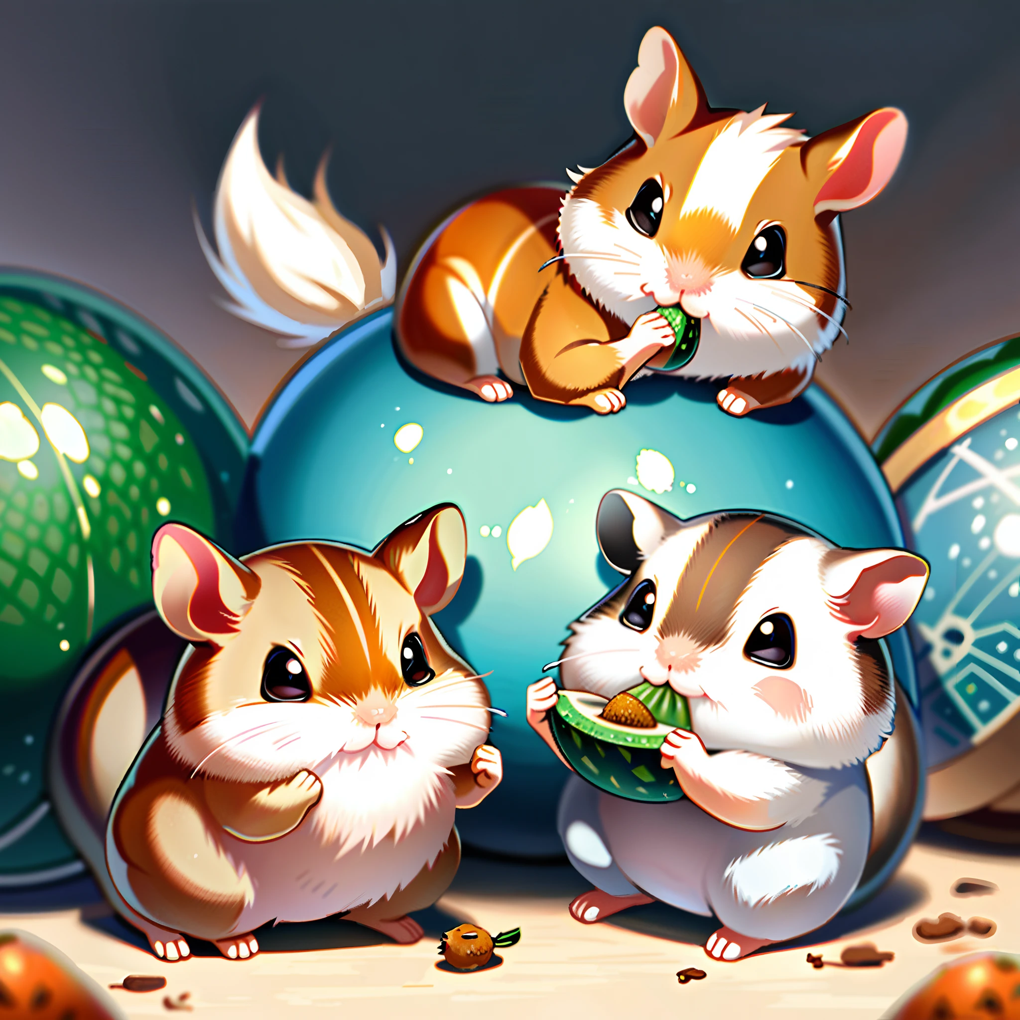 Small brown and white hamsters,Lying on cotton,The mouth is bulging with food,The paw grabbed a melon seed and put it in his mouth