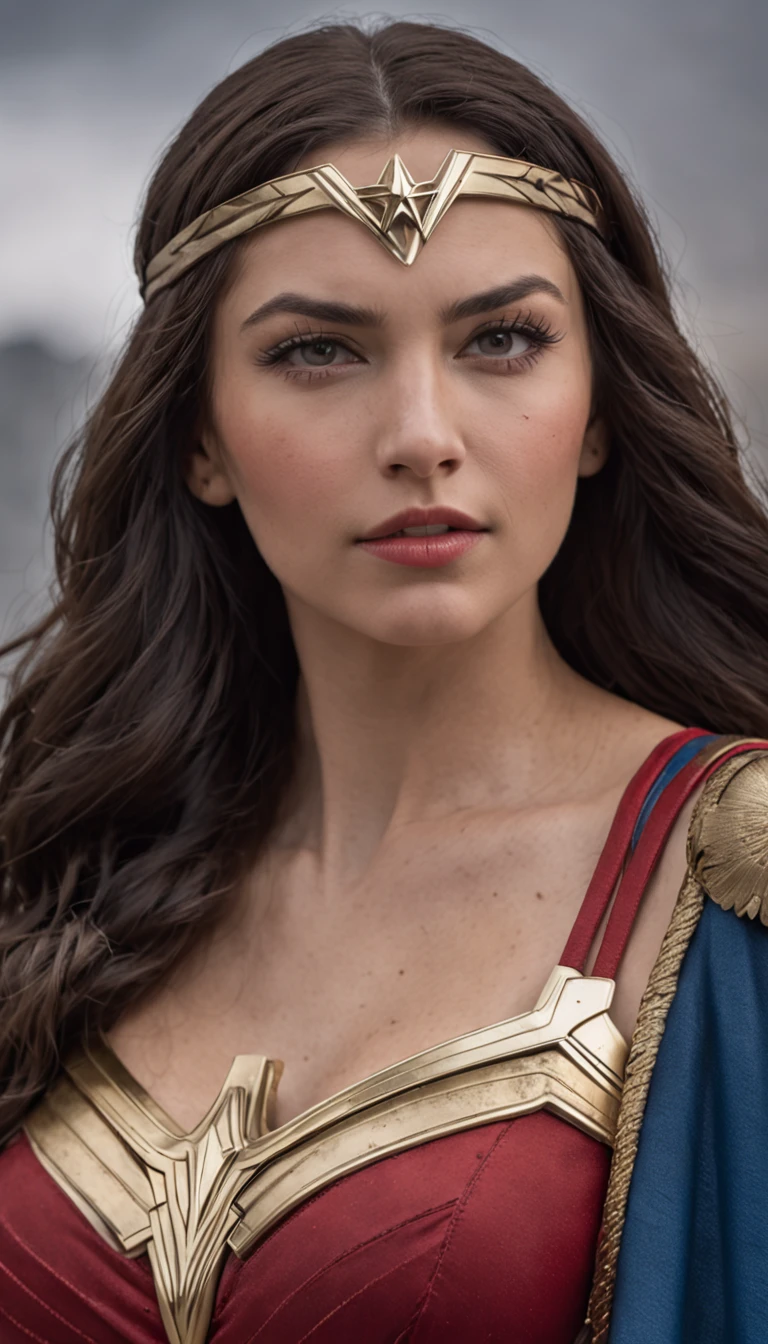 Wonder Woman is an iconic superheroine known for her strength courage and compassion. Her face exudes determination and a sense of justice. Her piercing eyes reflect her unwavering resolve and compassion for others. Her dark hair cascades in luscious waves framing her face with elegance. She wears her iconic red blue and gold costume. Around her waist, she wears a golden belt with a prominent "W" symbol. Her accessories include golden gauntlets on her arms, serving as both defensive armor and powerful weapons. She wears red and white boots providing her with stability and enhancing her speed and agility. Carries the Lasso of Truth, a golden rope that compels anyone caught in its grasp to tell the truth.