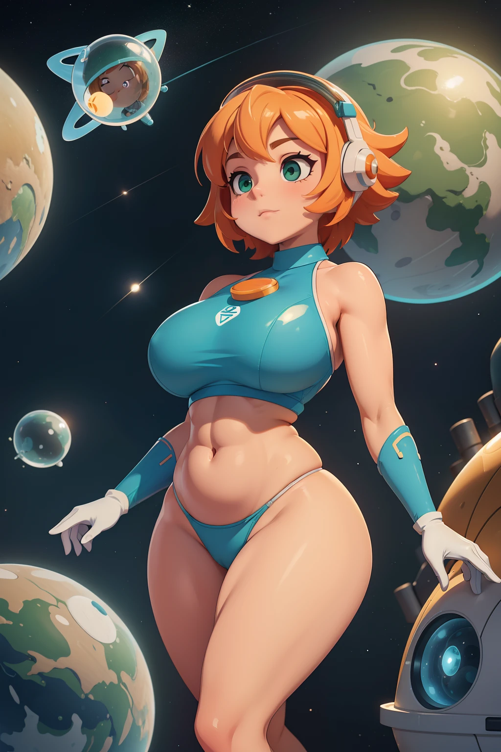 gorgeus voluptuous space scify astronaut girl with a bubble glass helmet in the head, white and orange, deep green almond-shaped eyes, short blond hair, very small and tight micro bikini, perfect huge breasts, voluptuous wide hips, muscular thighs, muscular arms, sexy voluptuous belly, massive huge cameltoe, space, spaceship, UHD, retina, masterpiece, anatomically correct, textured skin, high details, award winning, best quality, 8k