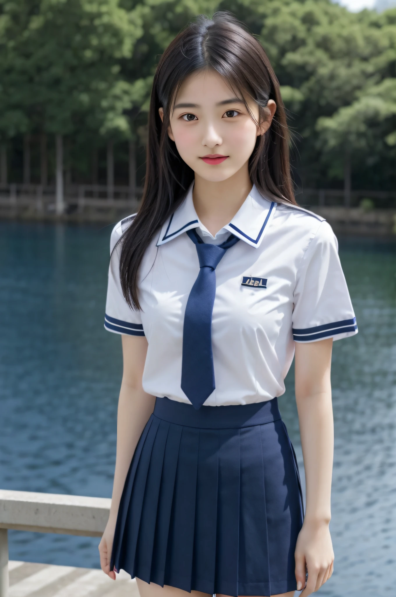 Japan girl,  girl, perfect figure, transparency, modest breasts, school uniform, navy blue tie, navy blue skirt, light blue shirt, gravure idol, waterside