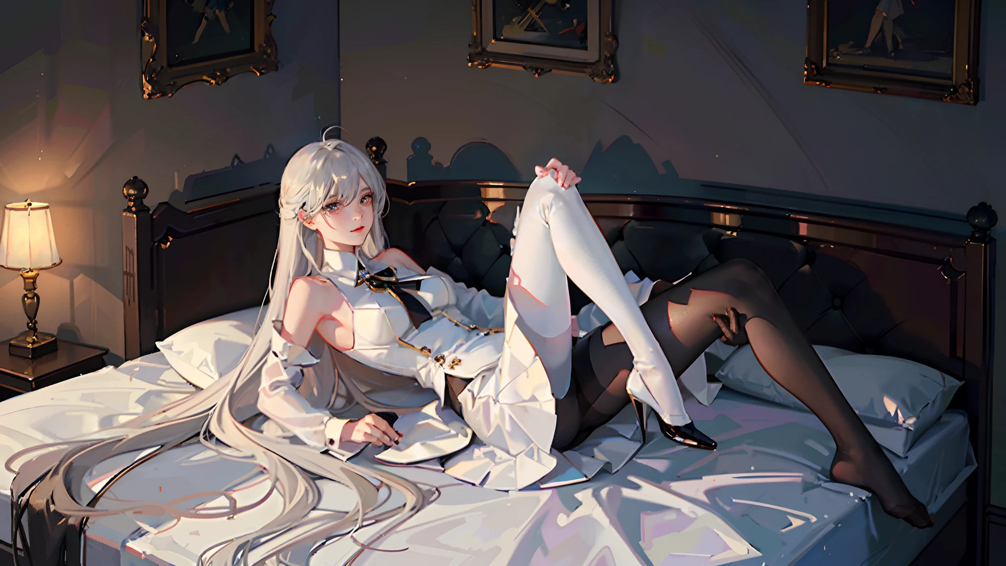 Correct limbs，Right legs，Oily white stockings，Oily white stockings，Classical style red wall，Correct limbs，Short shoulder-length white hair:4，waxy candles:3，Red bedroom:3，Black bed:3，Natural light，窗帘，Ambient(((Half naked anime girl lying on sofa undressing with her hands，，Hands on the upper and lower legs of the naked body，black uniforms，black reotard，Primetime light and shadow black pantyhose)),Ray tracing,(Dim lighting，luz de velas，waxy candles),[Detailed background (Bedroom)),((Silver hair)),((Dark hair)),(((Fluffy silver hair, plump and slender girl)))golden hair，Golden Eyes Avoid seeing golden eyes in an ominous bedroom ((((Girl in white shirt, Take off your black crinkled skirt，Prime hour light and shadow，