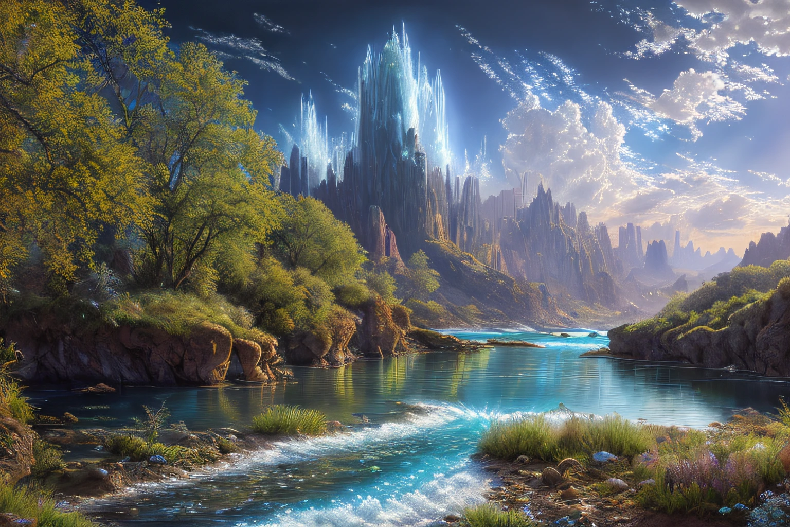 paysage futuriste, Eau, (Highly detailed CG Unit 8k wallpaper), The most beautiful work of art in the world, Professional majestic oil painting, complexe, High detail, mise au point nette, dramatique, Art of photorealist painting,