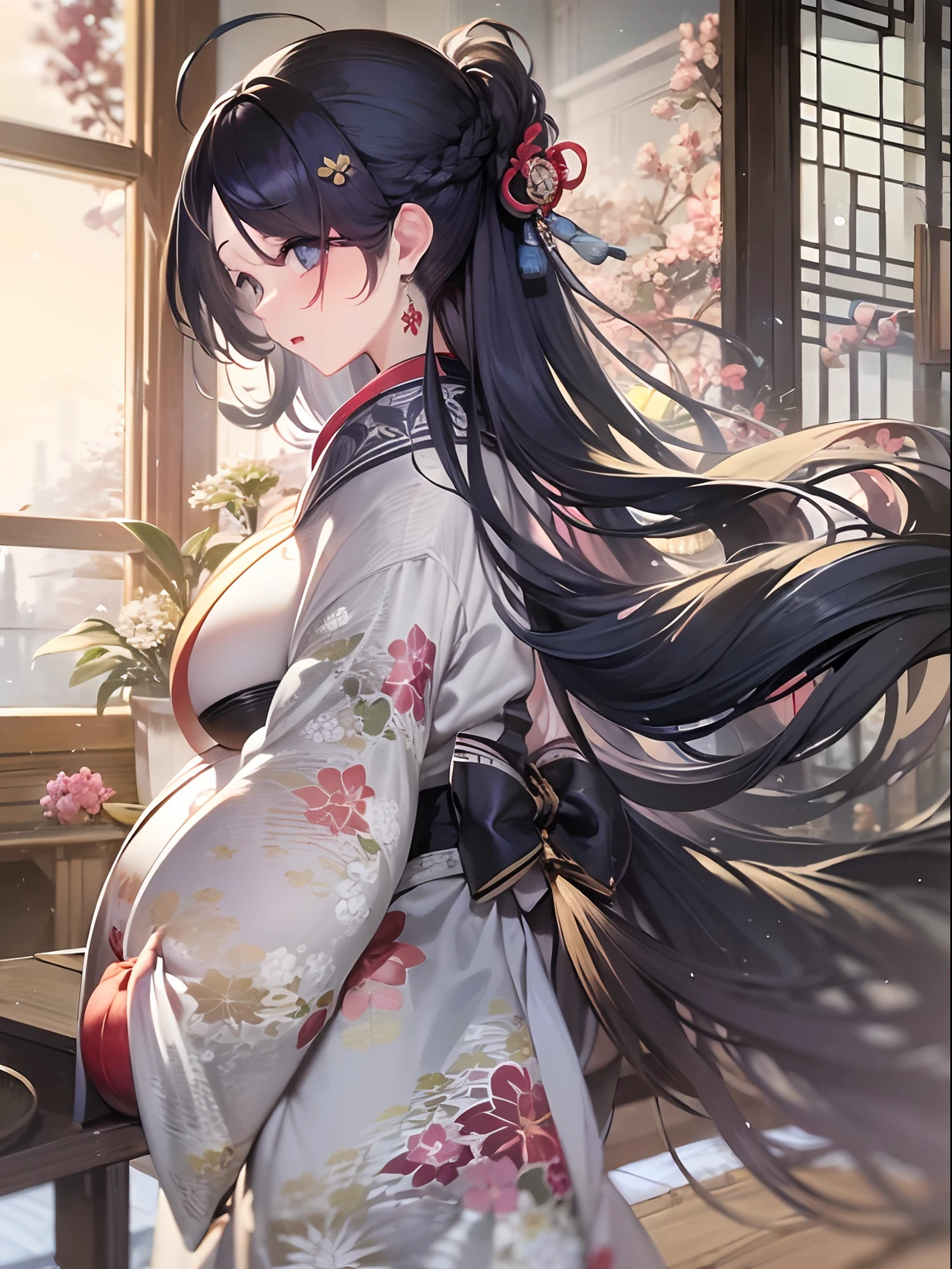 (8K、top-quality、masterpiece)、Romance of the Taisho era、japanese kimono、Beautiful adult woman、Graceful、Writer's research,((hyper gigantic breasts:1.6)),Pensive、boredom、Sentimental、suffocating、Enlightened look、Blurred world、illusion、long-haired with black hair、Ahoge、braid ponytail、