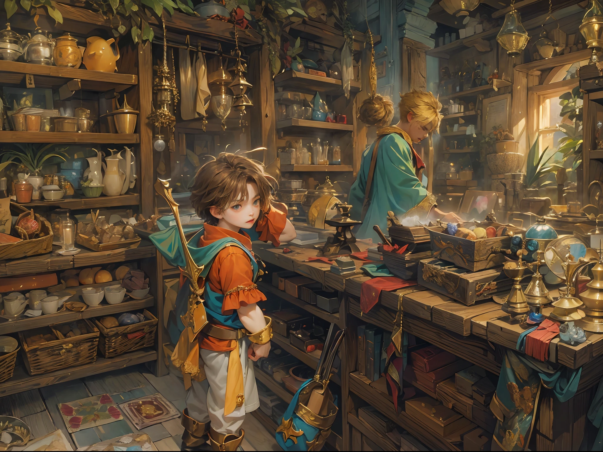 (absurdres, highres, ultra detailed, HDR), masterpiece, best quality, legend of mana character in weapon shop staring at the goods, 1 boy