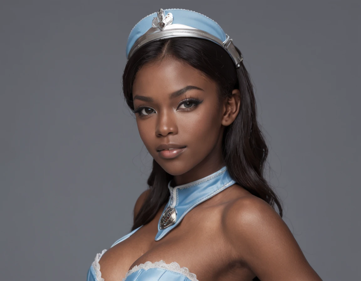 masterpiece, dominating young girl, chubby, black skin, ebony, light blue racing girl uniform, scantily clad, racing queen, thigh boots, large breasts, dark background, sitting on bed, sexy pose, dark skin, imposing camera angle