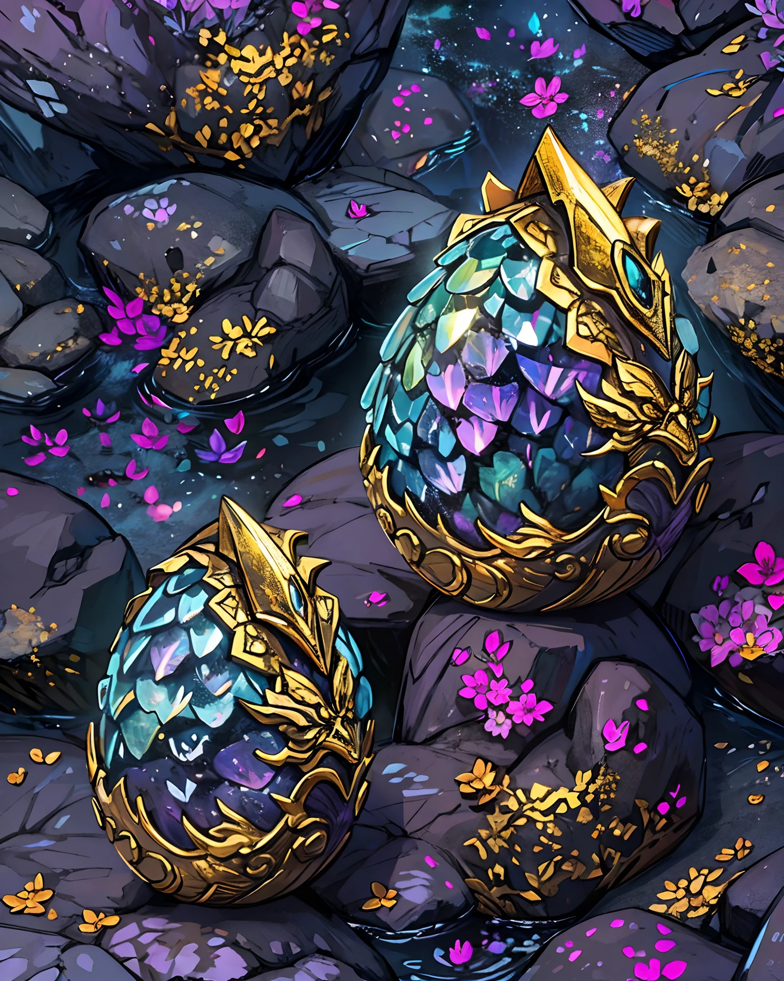 crystalline rock forms dragon egg with silver and gold metal dragon scale half-shell, by mjart, placed on black lava rock, background dark cave with purple ambient light,