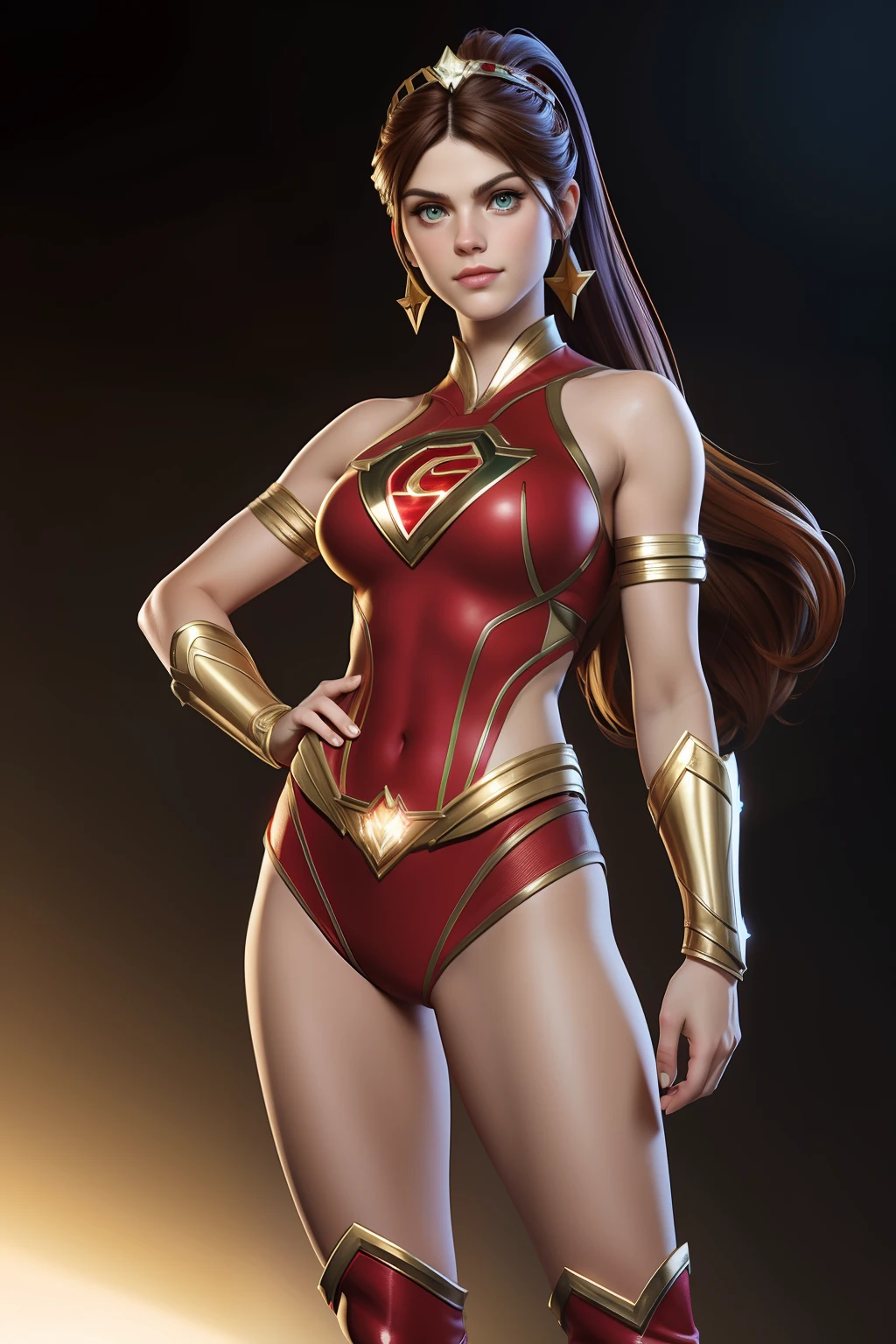 Sexy alexandra daddario as a beautiful female superheroine , green eyes brown hair, ponytail, red crop shirt, with a golden Star, wears a golden tiara on forehead with a red gem in her head , golden bracelets, long red boots, and small red shorts portrait photography by artgerm, in the style of realism, glistening skin, cartooncore, mangacore, natural lighting, Defined full lips. Muscular fitness feminine body