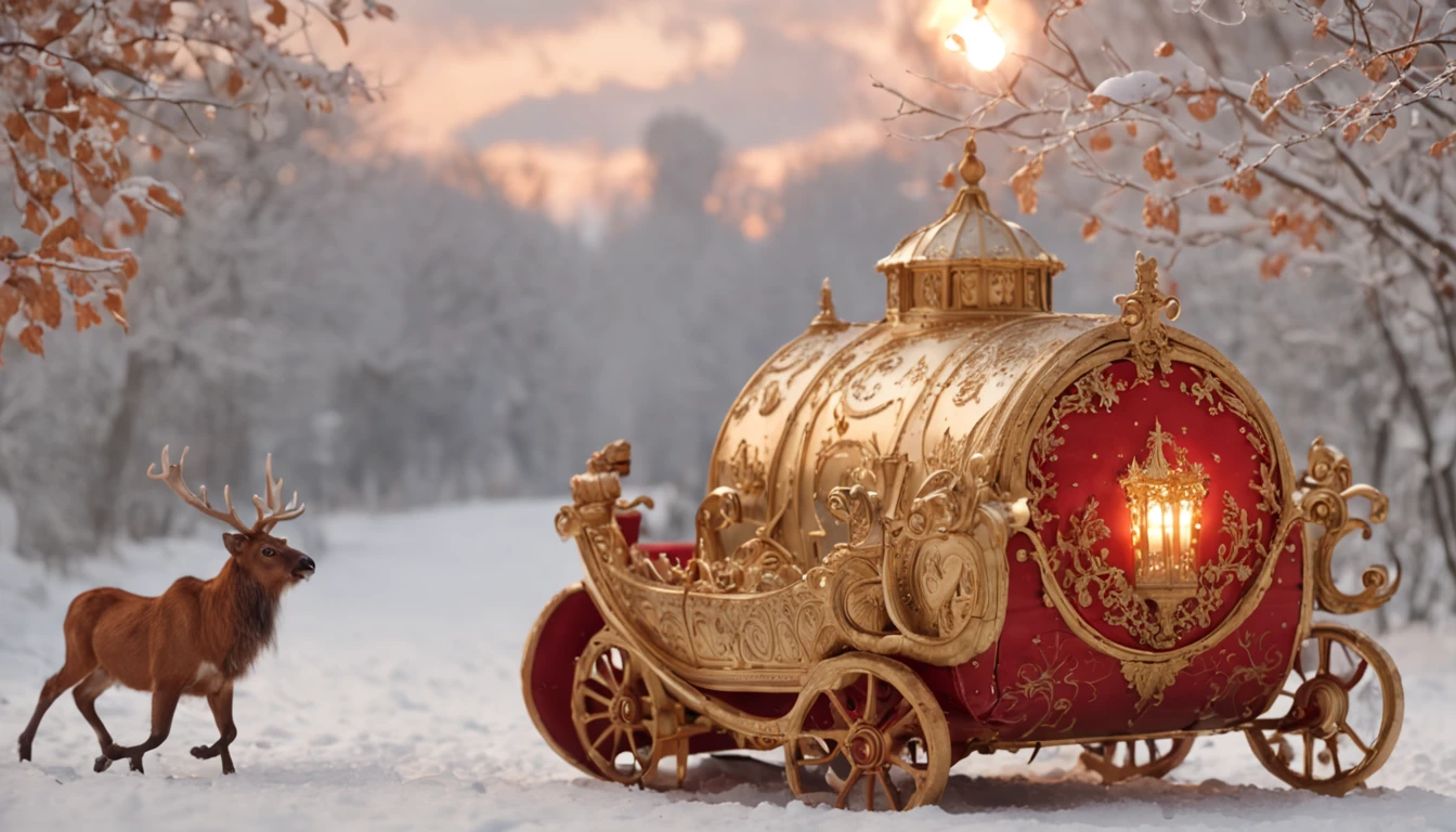 RAW photo, best, masterpiece, best quality, high quality, extremely detailed there RAW photo, best quality, there is a big red and gold sleigh with a lantern, no people or animals, sleigh, illustration, highly detailed 4k digital art, post 4k, 4k post, kramskoi 4k, amazing wallpaper, by Alexander Kucharsky, beautiful 4k uhd art, car, beautiful digital artwork, 4k high resolution, fairy tale artwork, 8k illustration,