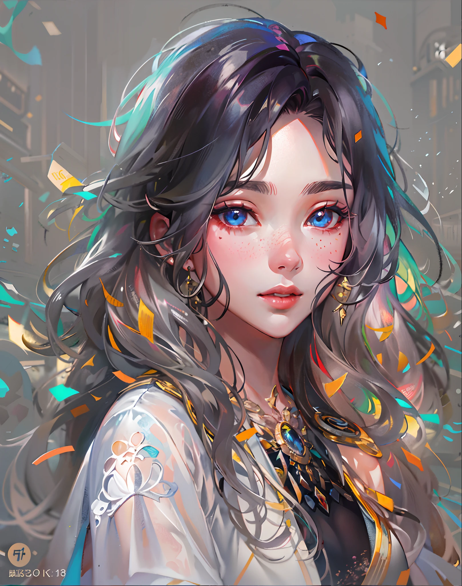 {{Masterpiece}},Best quality at best,Very detailed CG unity 8K wallpaper,one-girl,电影灯光,lens flare glow,beatiful detailed eyes,Close-up,facial closeups,eye closeup,black in color,side looking,multicolour hair,Colorful light,particulate,(a color:1.5),(The color hair:1.5),perfect bodies,Perfect face,fashionable attire,clothes see-through,There is light in the eyes,Colored shiny spots,Sharp eyes,Blushlush