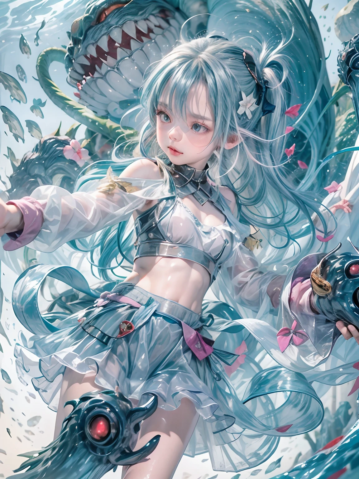 1 small curved ,blue hair,Lie at the bottom of the sea,full bodyesbian,Surrounded by monsters,Beauty wears transparent gel coat,Small chest,Reveals a slender waist,The lines are perfect,Raised sexy,Blushlush,Alice \(Nikke\),Spread your legs,Hands touch the inner thighs,The shoulders and navel are clearly visible,Low angle view,
