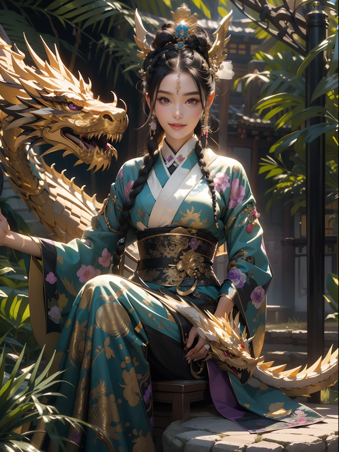 (((woman))), (((best qualityer))), (((tmasterpiece))), (((AS-Adult))), A masterpiece with a perfect body at the age of 25,The face is still and unblemished,Resolution 4K,Lots of details,Best quality,A beautiful woman in a purple kimono sits on a golden dragon chair,Domineering exposed,Gorgeous palace,A Chinese golden dragon,The smile is bright,With a black headband,Two white braids,The purple kimono has many details,chinesedragon,Gorgeous style