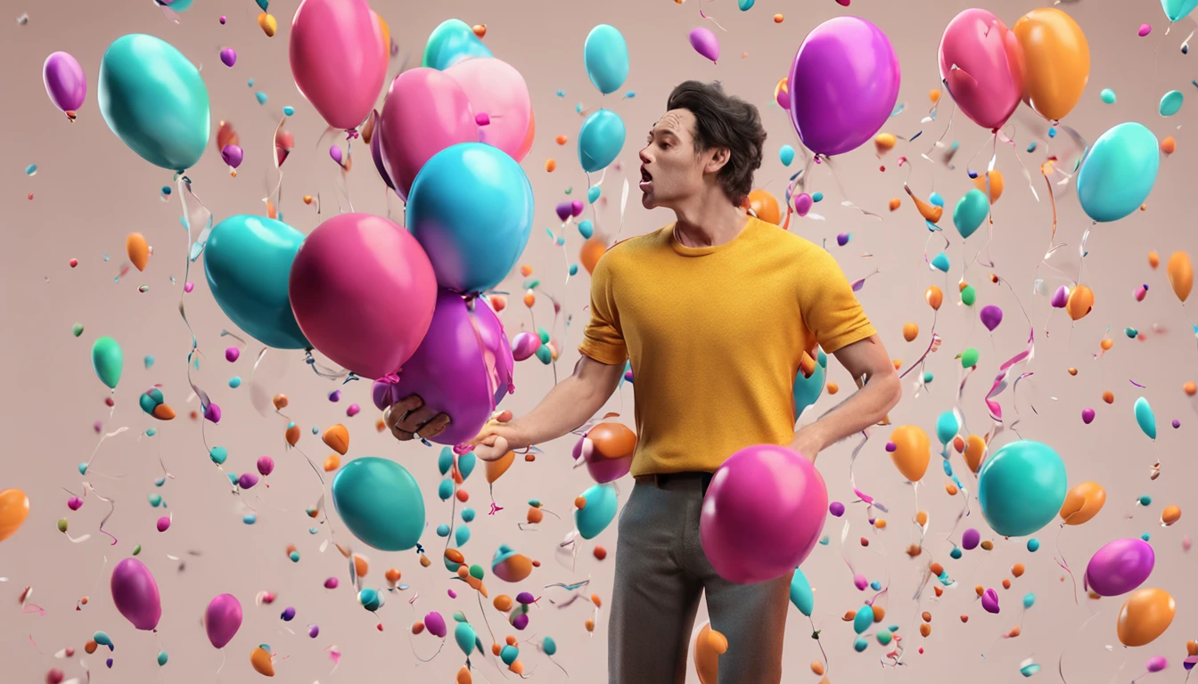 Noon trending on the artstation, sharp focus, studio shot, intricate detail, highly detailed An image of a person holding colorful balloons that represent worries and problems, while letting empty balloons fly that symbolize what they cannot control.