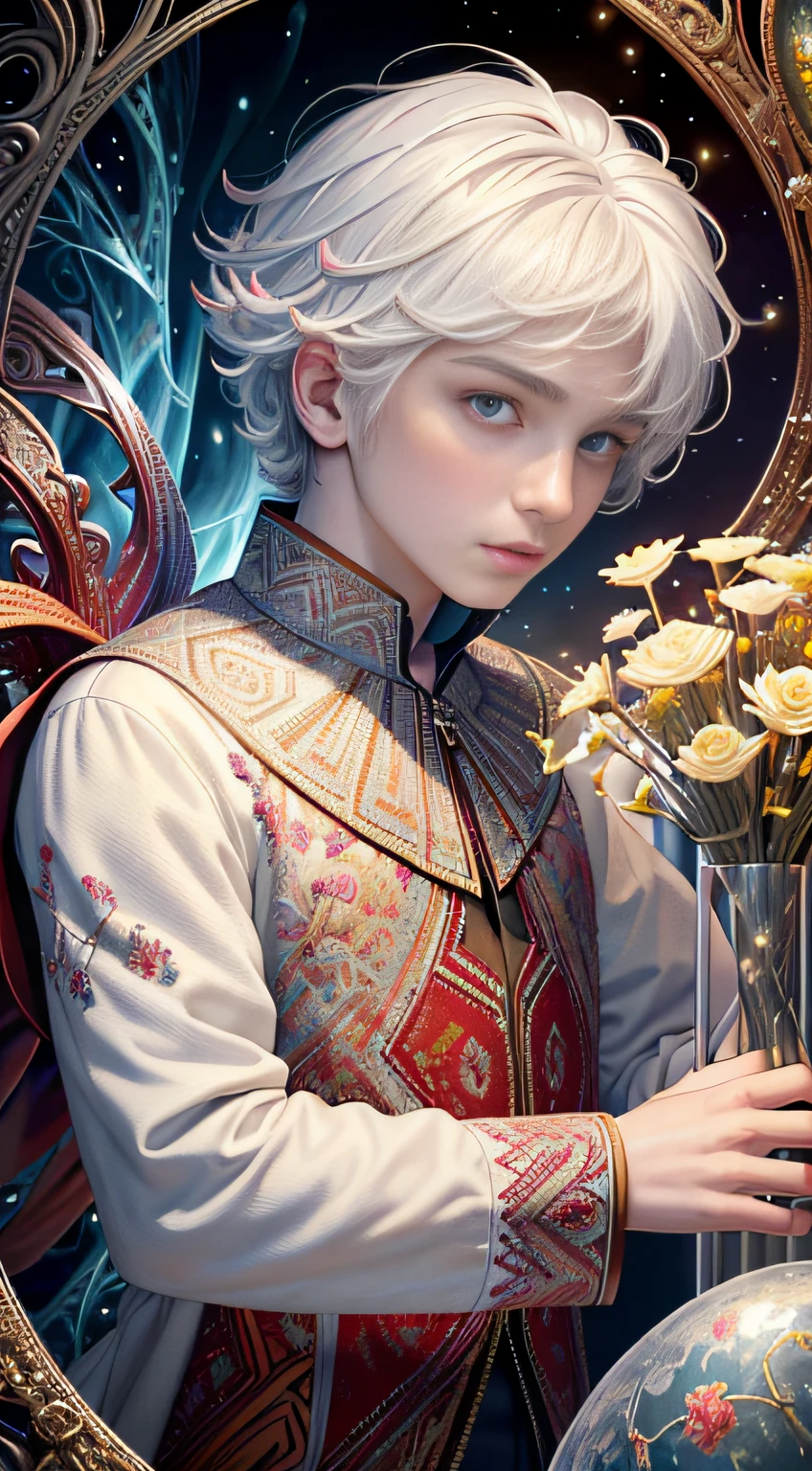 Realistic, (Masterpiece, Top Quality, Best Quality, Official Art, Beauty and Aesthetics: 1.2), Very Detailed, Fractal Art, Colorful, Most Detailed, Zentangle, (Abstract Background: 1.5) (1boy: 1.3), Gods, White Hair, (Glowing Red Eyes), Mysterious, (Magic), Ice, ((Flowers on the Other Side)), Yellow Spring, Hell